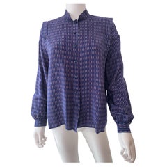 Blusa de seda años 70 Estampado geométrico púrpura azul Talla 6/8