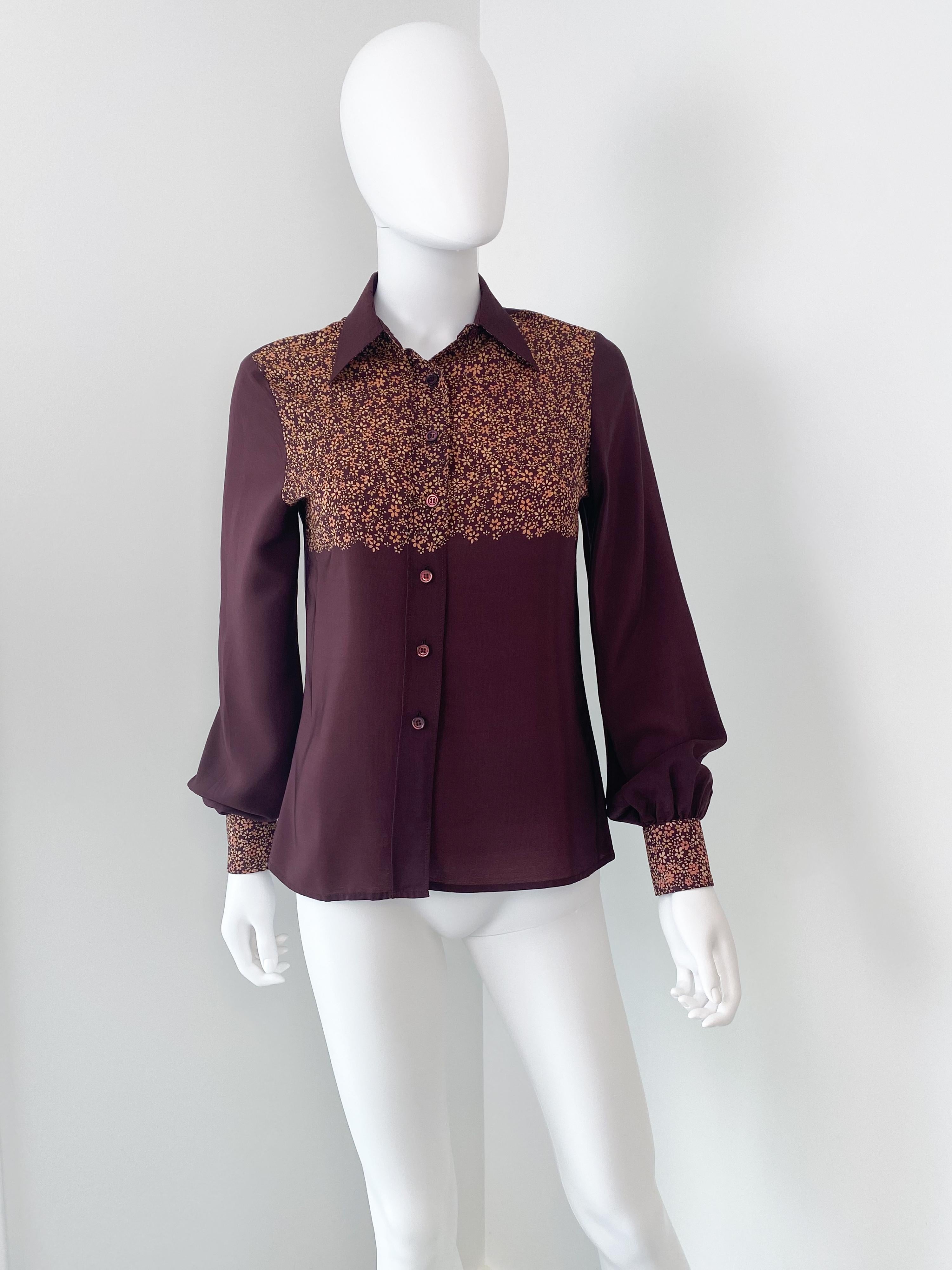 Wonderful vintage 1970s crepe silk blouse, top. Purple plum color fabric with 
