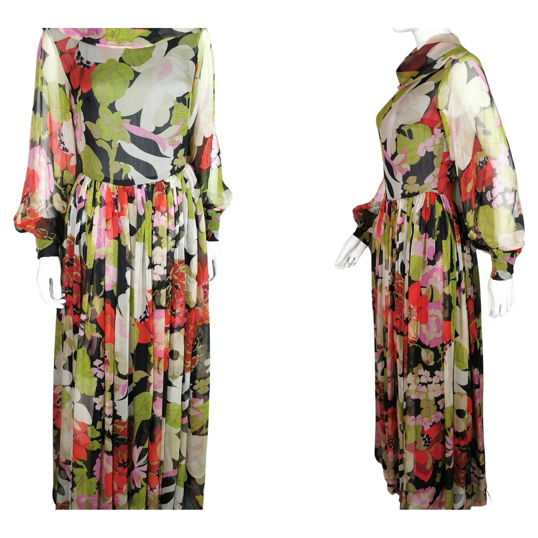 Vintage 1970s silk Georgette floral print dress  For Sale