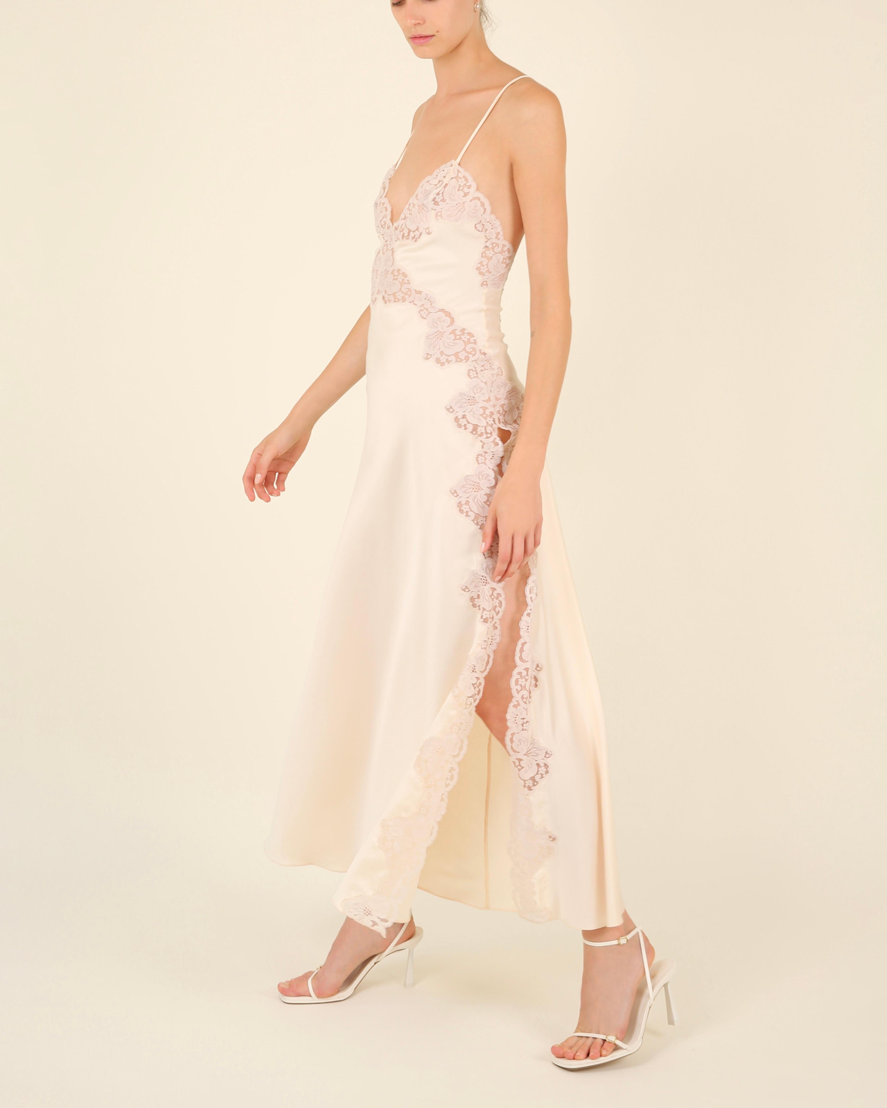 Vintage 1970's silk lace cream backless thigh slit night gown wedding slip dress 9