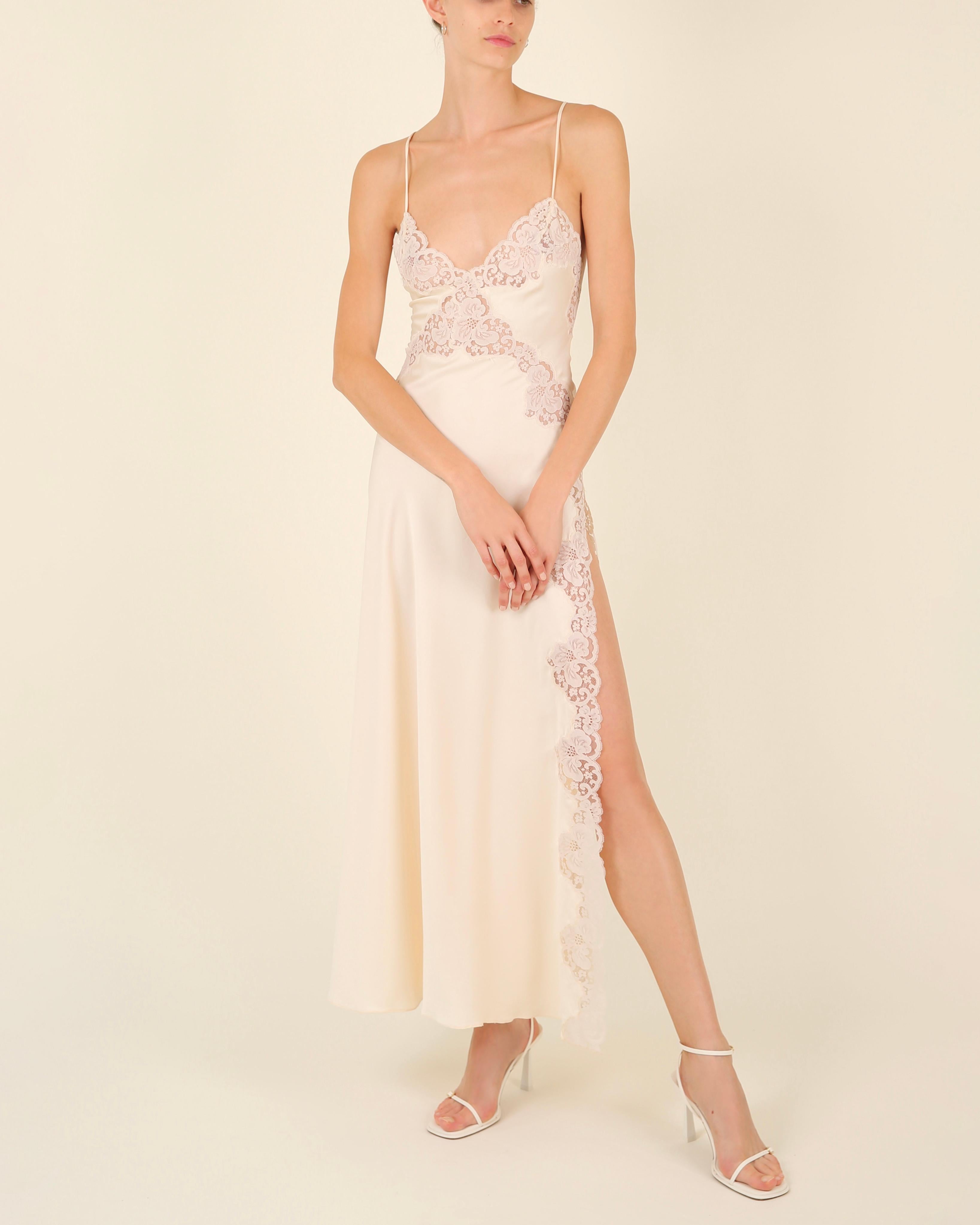 Vintage 1970's silk lace cream backless thigh slit night gown wedding slip dress 10