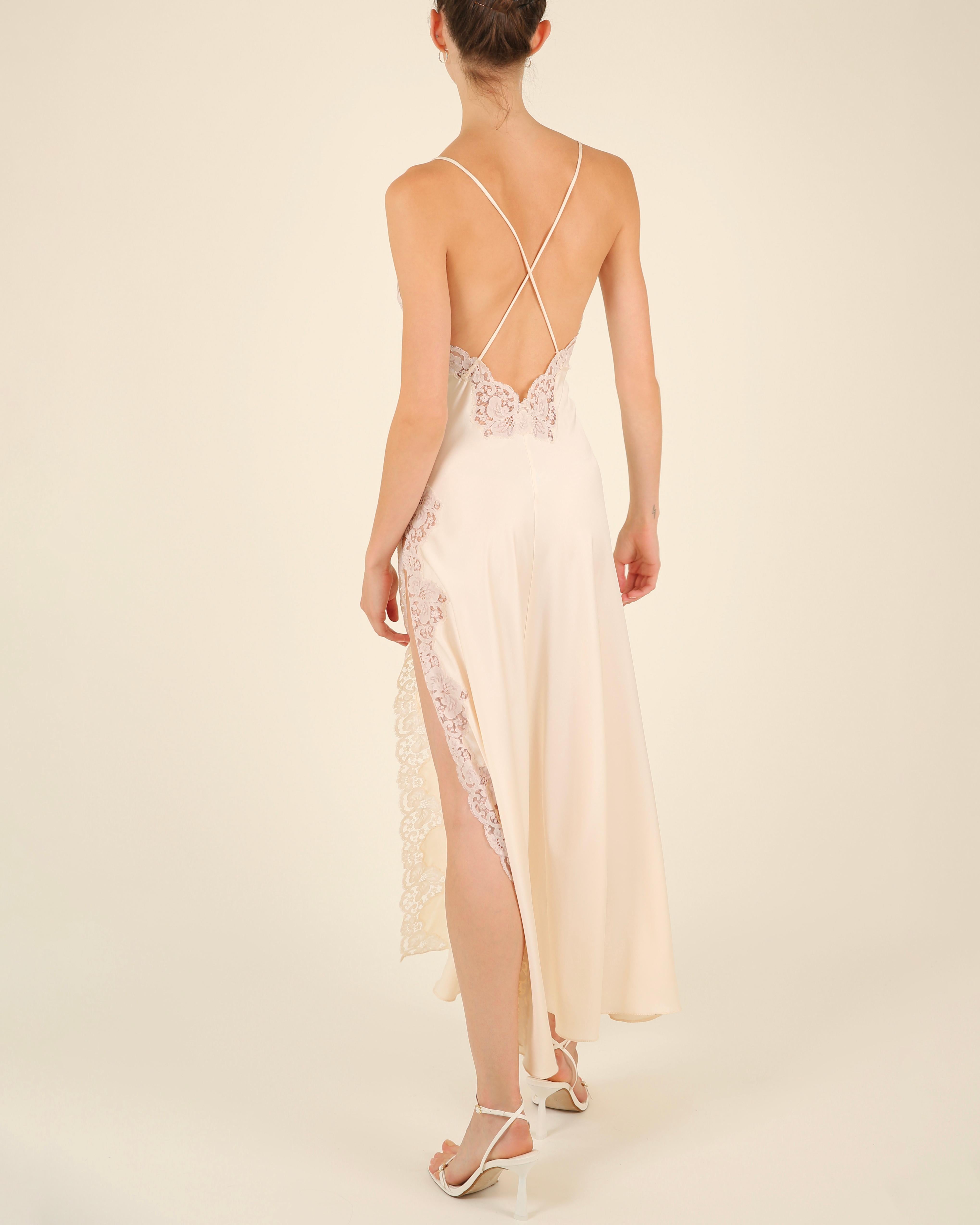Vintage 1970's silk lace cream backless thigh slit night gown wedding slip dress 12