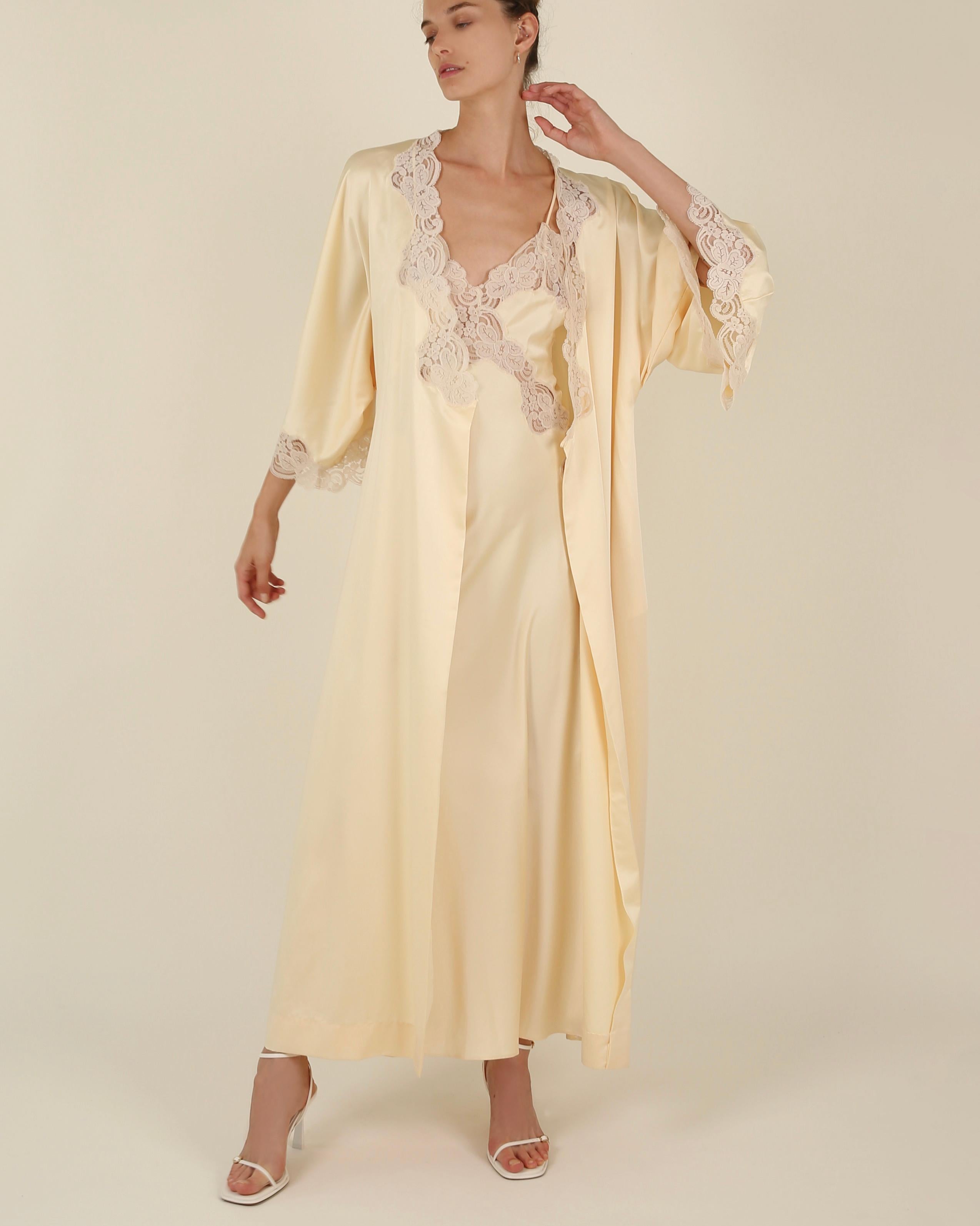 Vintage 1970's silk lace yellow backless thigh slit night gown slip dress & robe 9