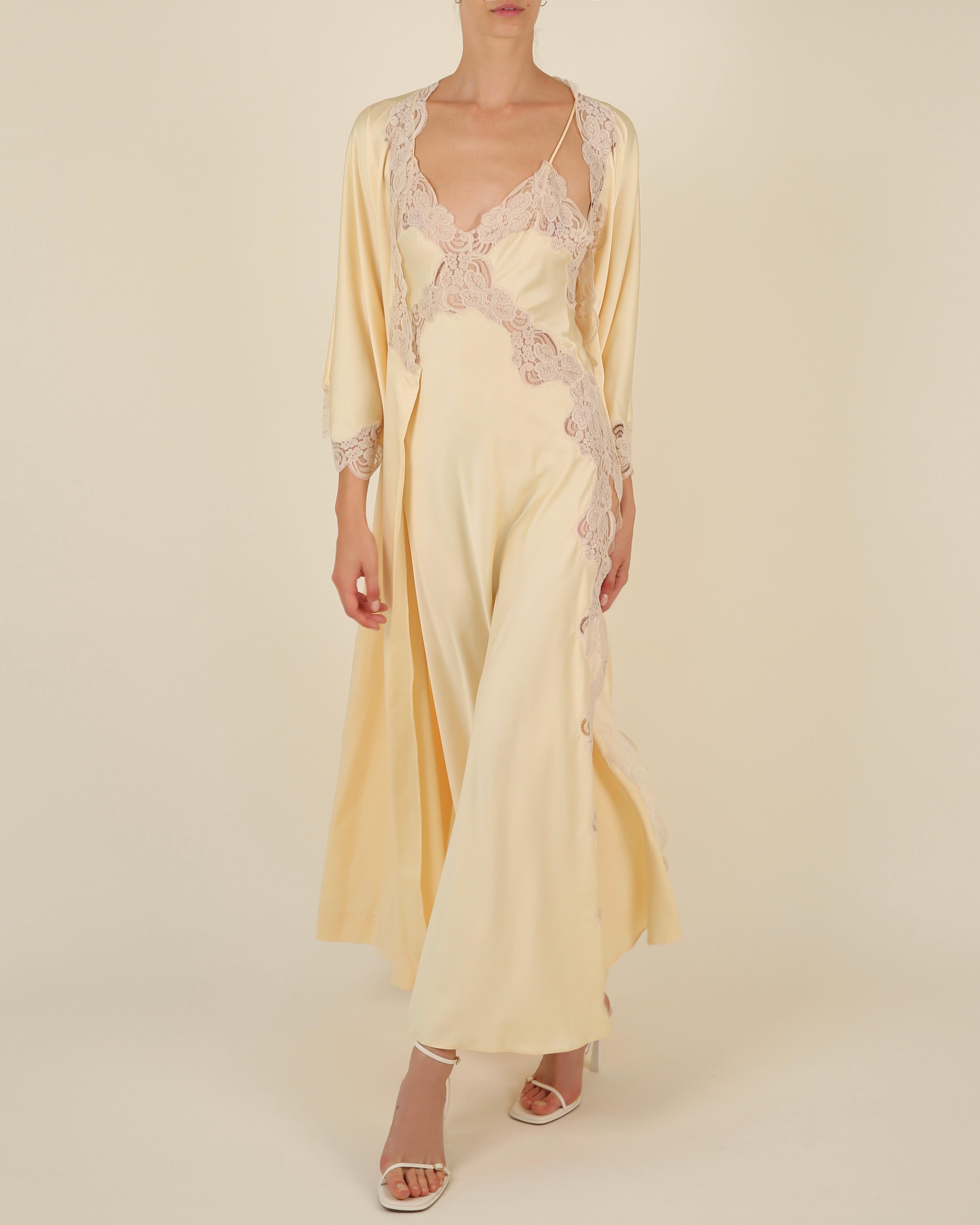 Vintage 1970's silk lace yellow backless thigh slit night gown slip dress & robe 10