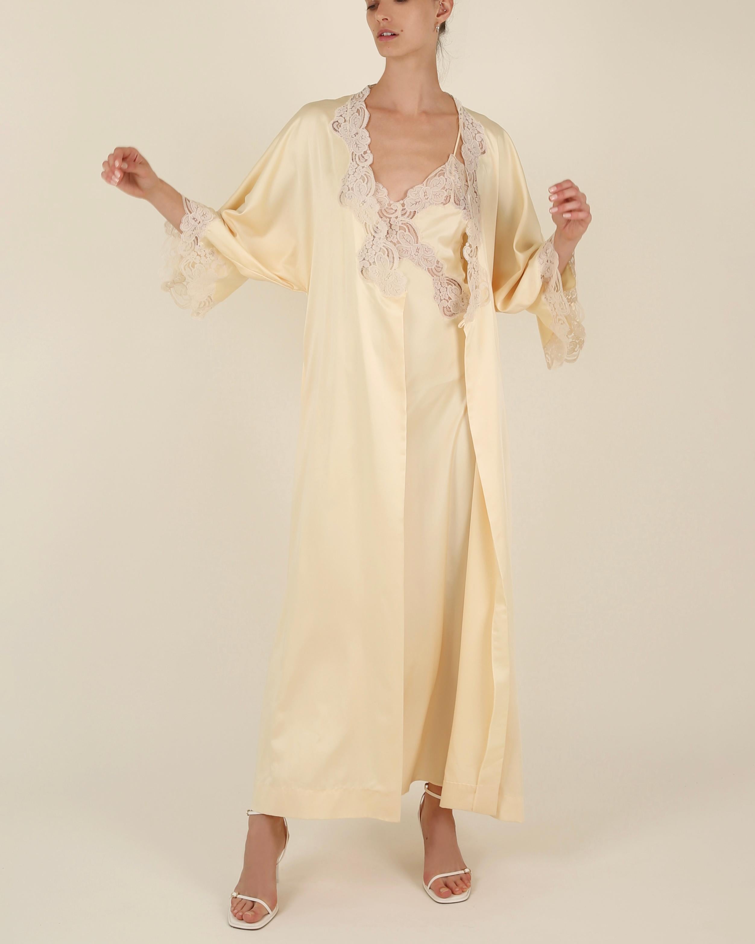 Vintage 1970's silk lace yellow backless thigh slit night gown slip dress & robe 11