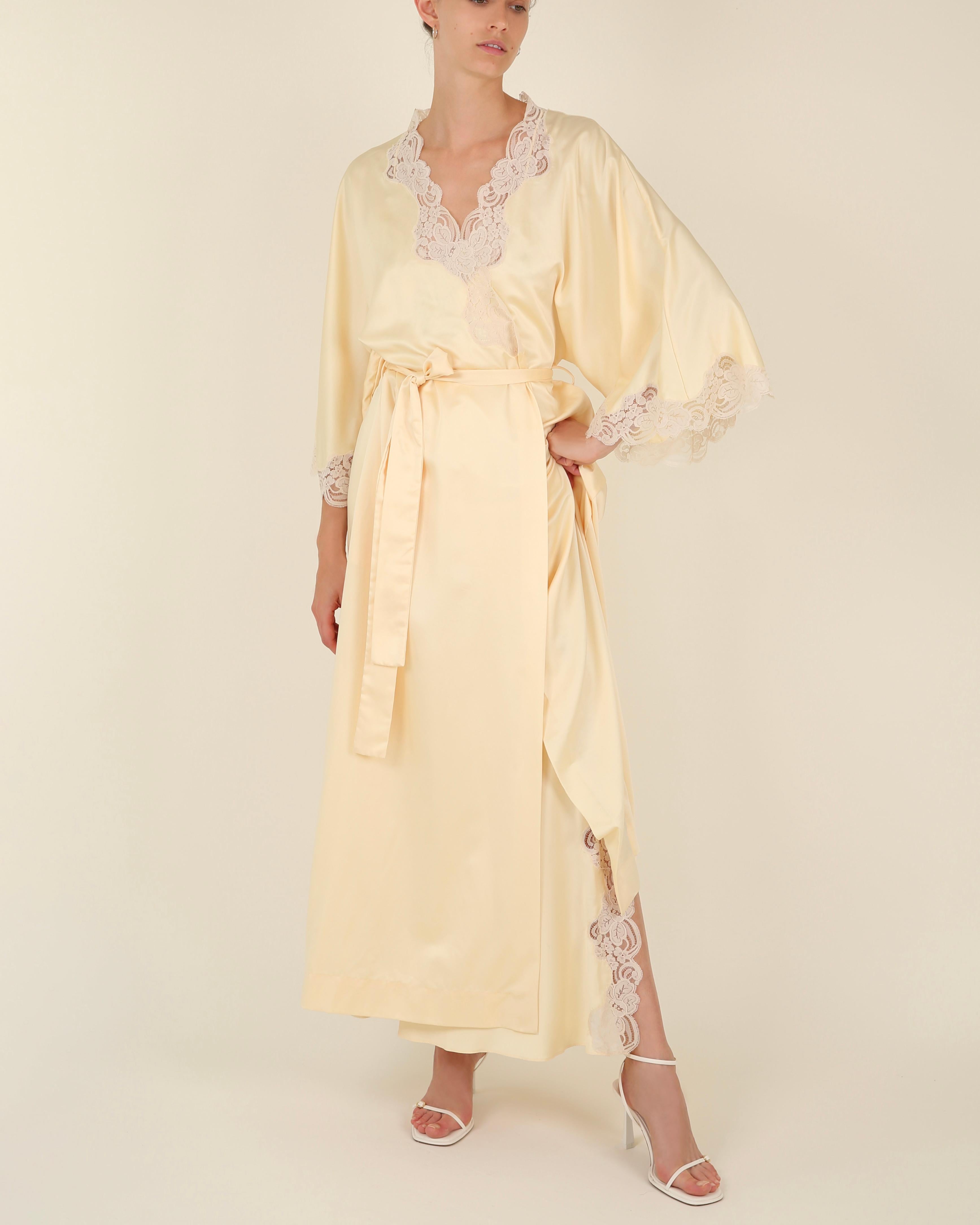 Vintage 1970's silk lace yellow backless thigh slit night gown slip dress & robe 12