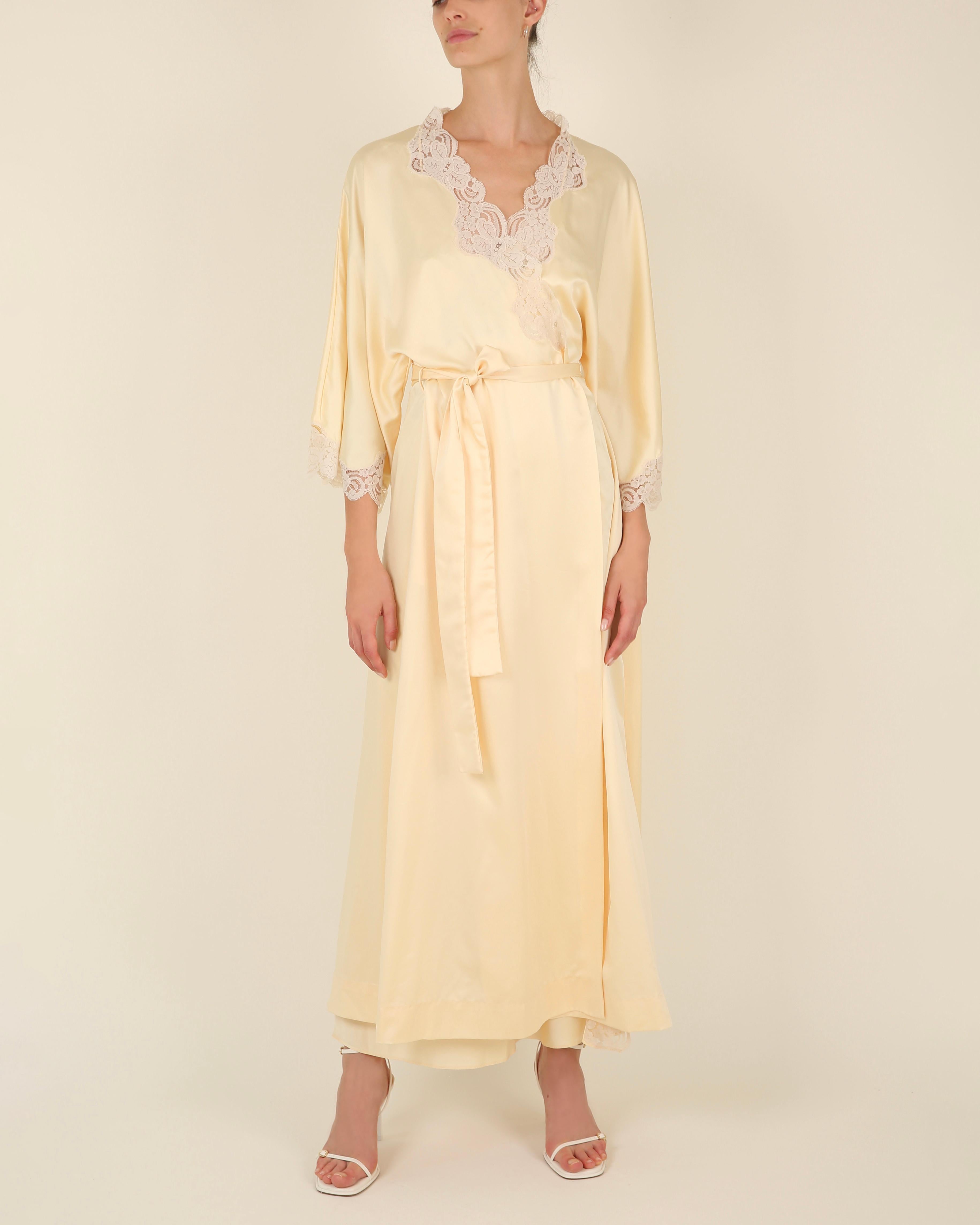 Vintage 1970's silk lace yellow backless thigh slit night gown slip dress & robe 13