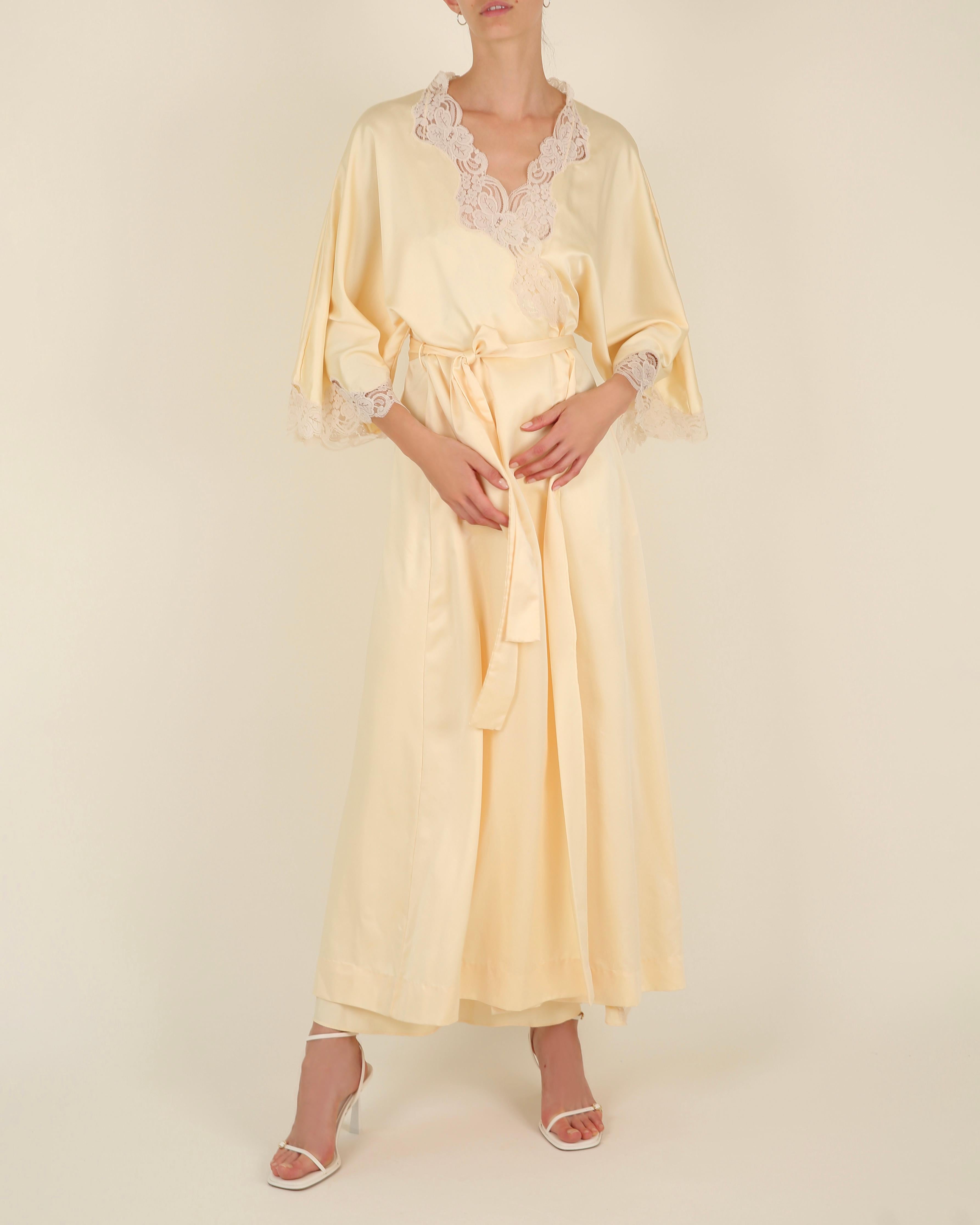 Vintage 1970's silk lace yellow backless thigh slit night gown slip dress & robe 14