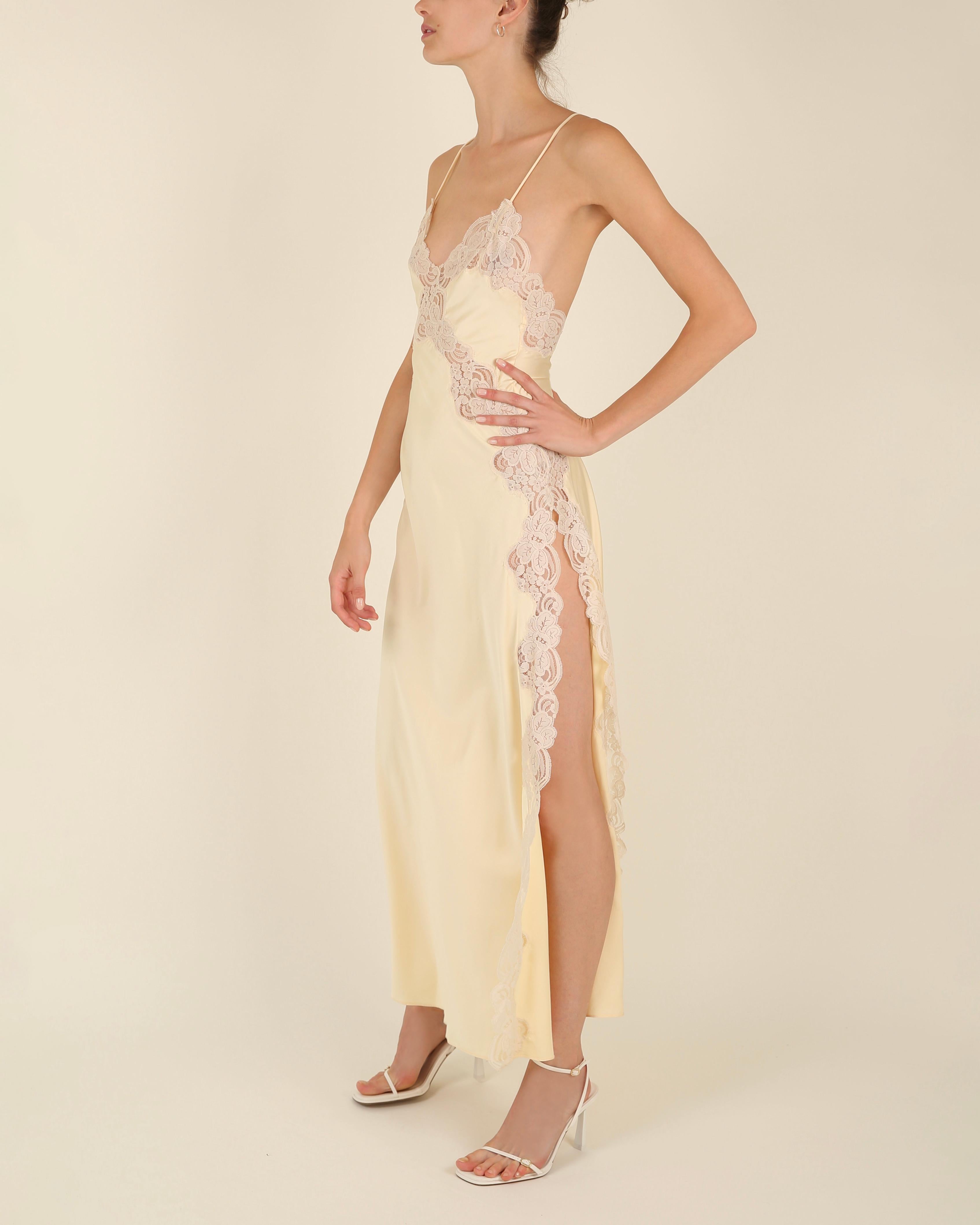 Vintage 1970's silk lace yellow backless thigh slit night gown slip dress & robe 2