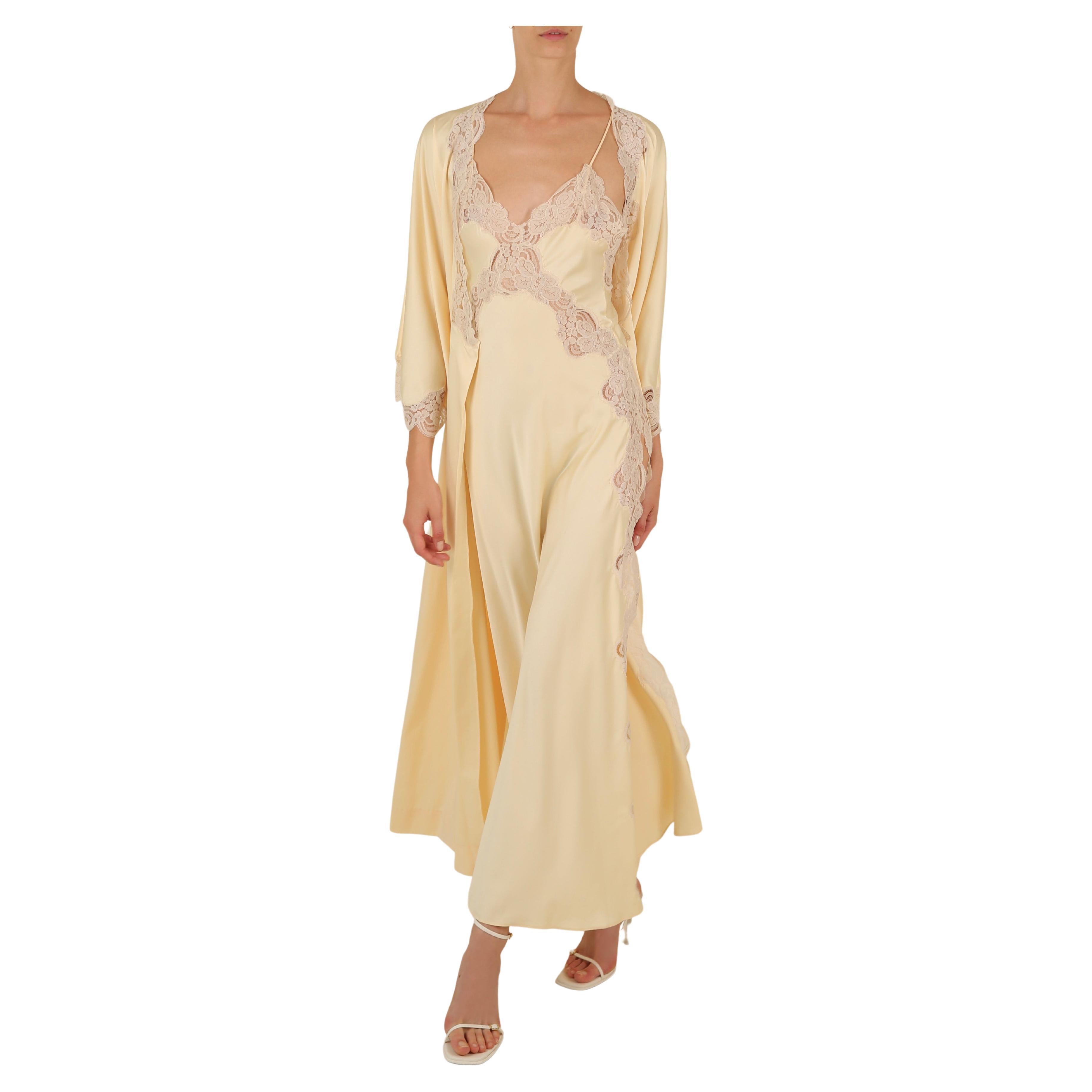 Vintage 1970's silk lace yellow backless thigh slit night gown slip dress & robe