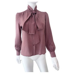 Vintage 1970s Silk Pussy Bow Blouse Top Burgundy and Gray Pied de Poule Size 6/8