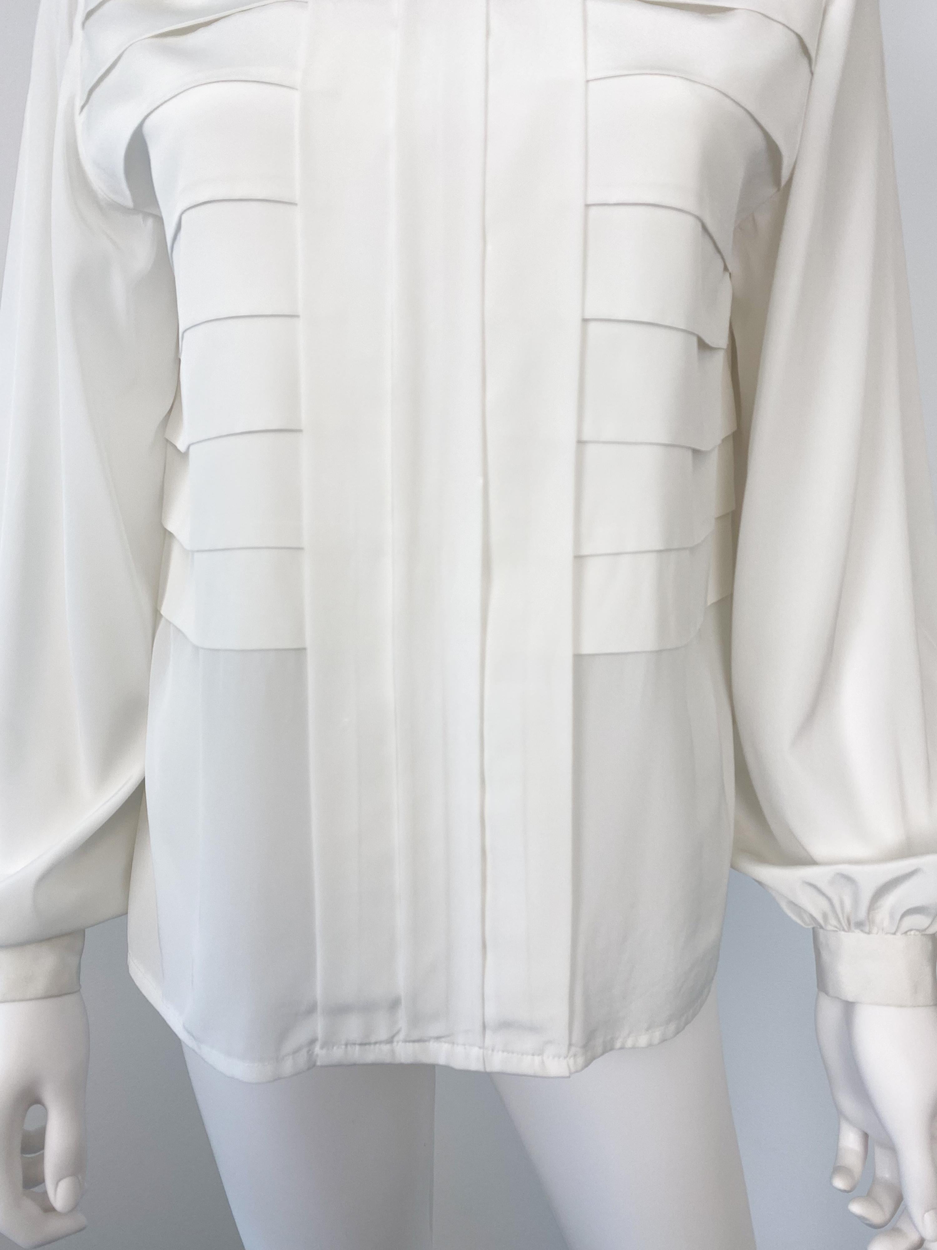 Women's or Men's Vintage 1970s Silky Polyester Blouse Top White Origami Pleat Size 10/12 For Sale