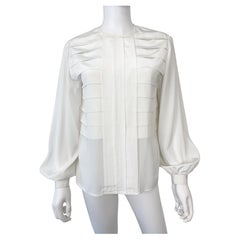 Vintage 1970er Seide Polyester Bluse Top Weiß Origami Falten Größe 10/12
