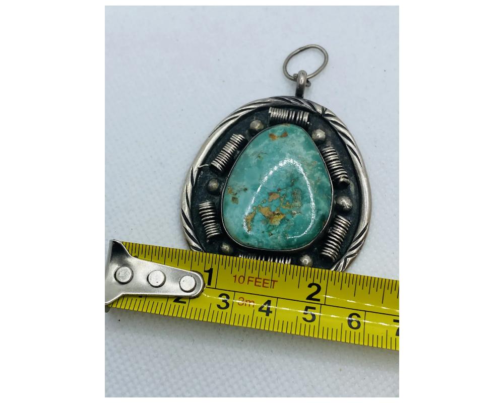 Vintage 1970's Silver Native American Turquoise Pendant Signed For Sale 4