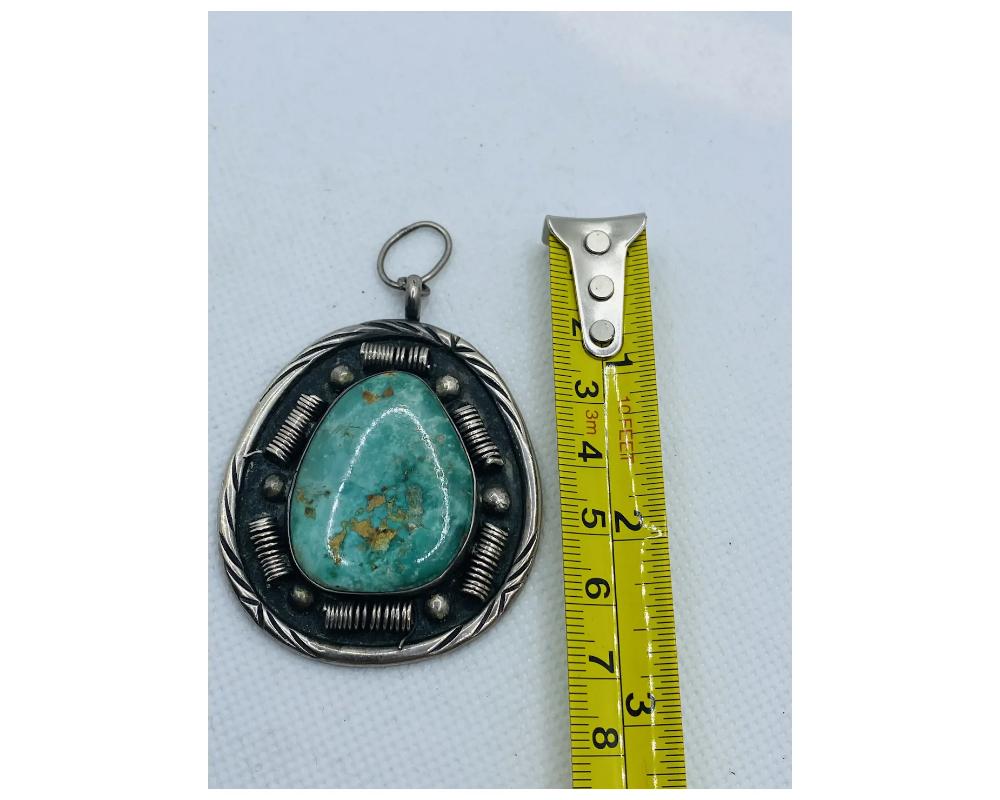 Vintage 1970's Silver Native American Turquoise Pendant Signed For Sale 5
