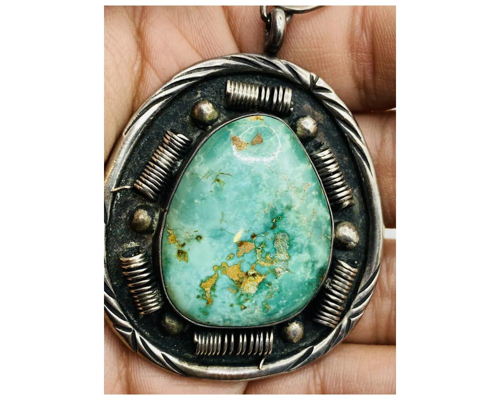 Vintage 1970's Silver Native American Turquoise Pendant Signed For Sale 3