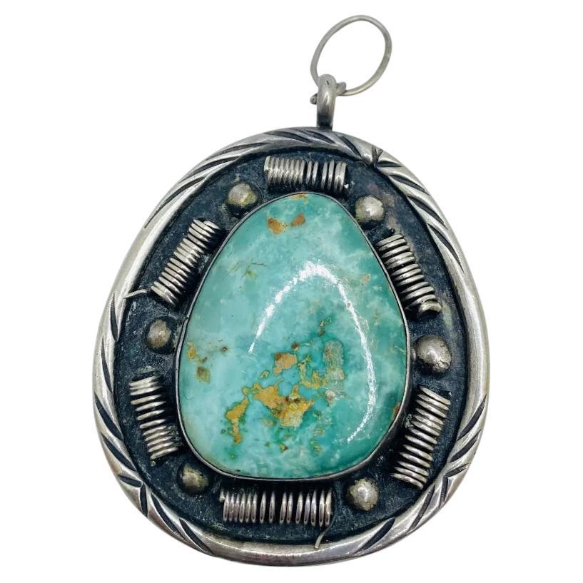 Vintage 1970's Silver Native American Turquoise Pendant Signed For Sale