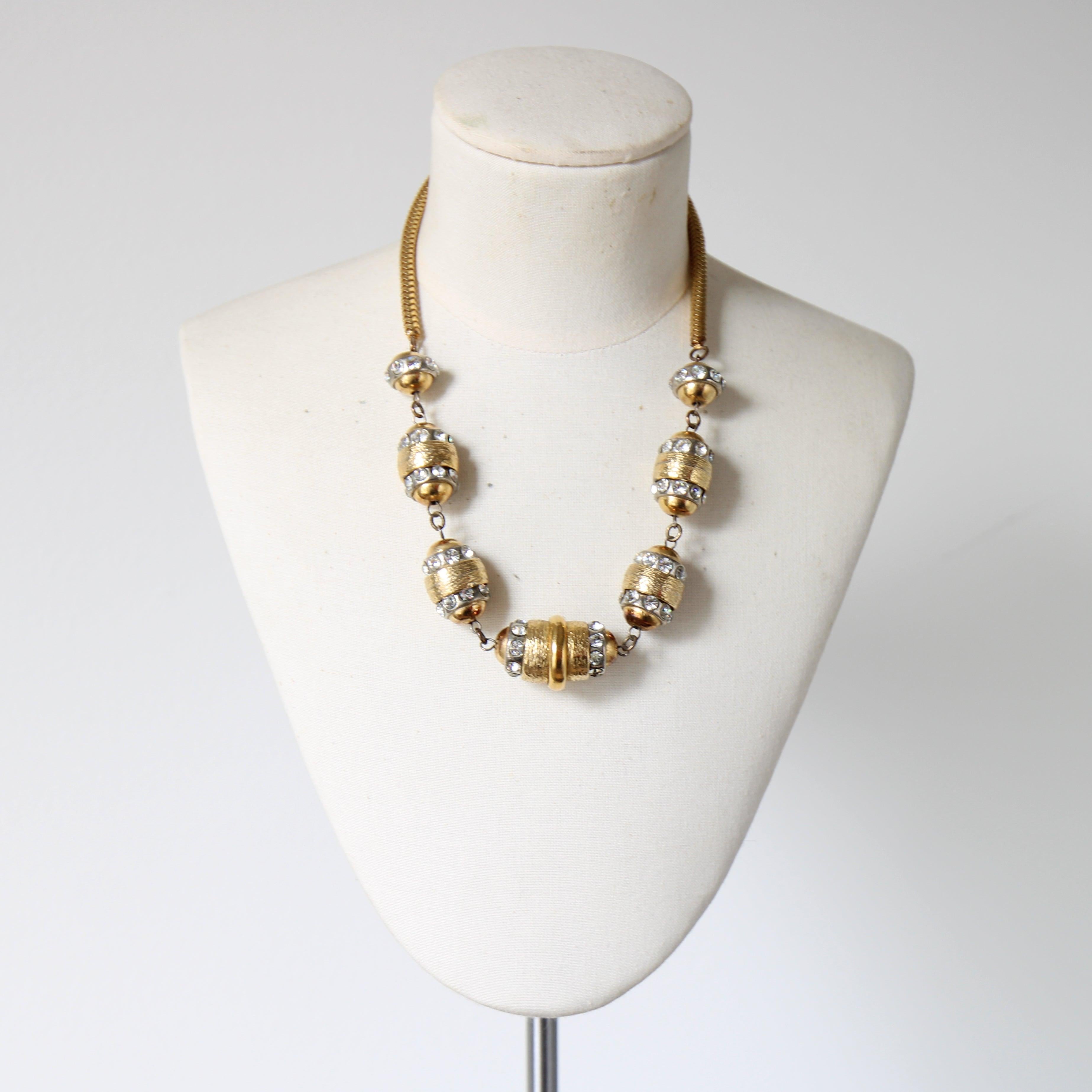 Revival Vintage 1970's silver rhinestone beaded gold snake chain necklace seventies For Sale