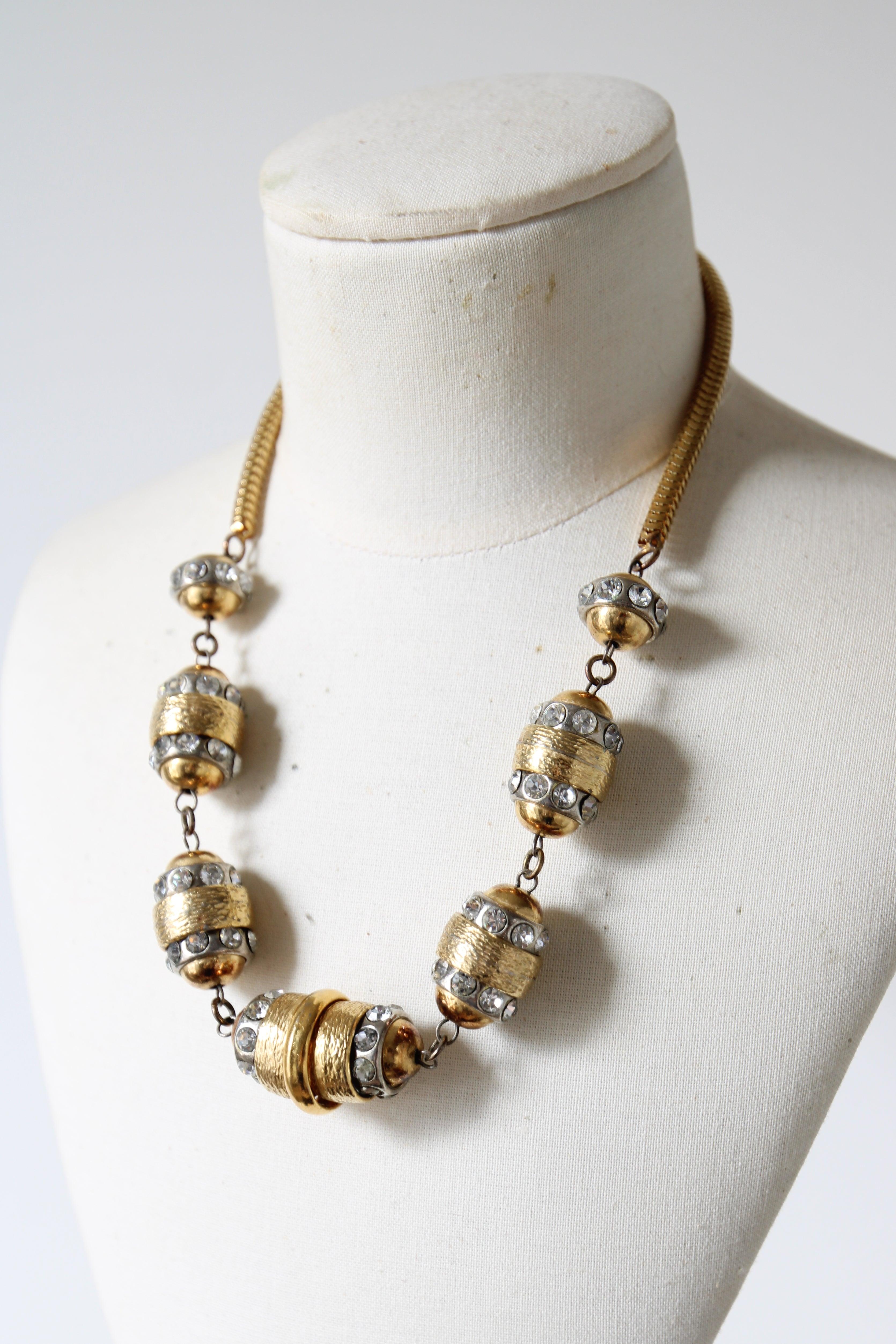 Bead Vintage 1970's silver rhinestone beaded gold snake chain necklace seventies For Sale