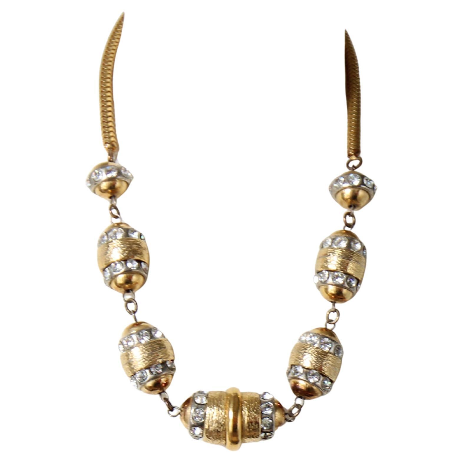 Vintage 1970's silver rhinestone beaded gold snake chain necklace seventies For Sale