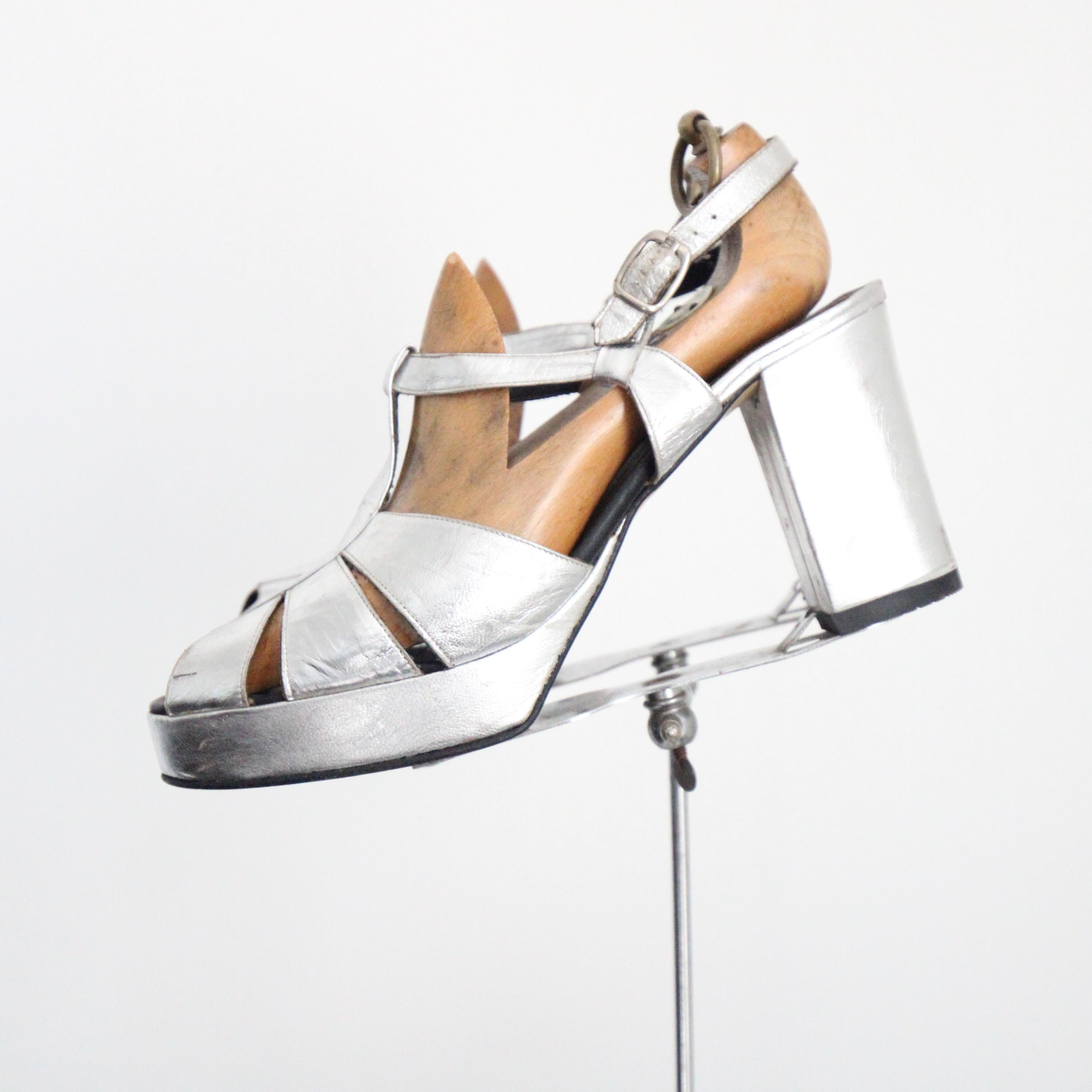 Vintage 1970's silver T Bar Platforms Heels Seventies Platforms UK 6.5 US 8.5 For Sale 1