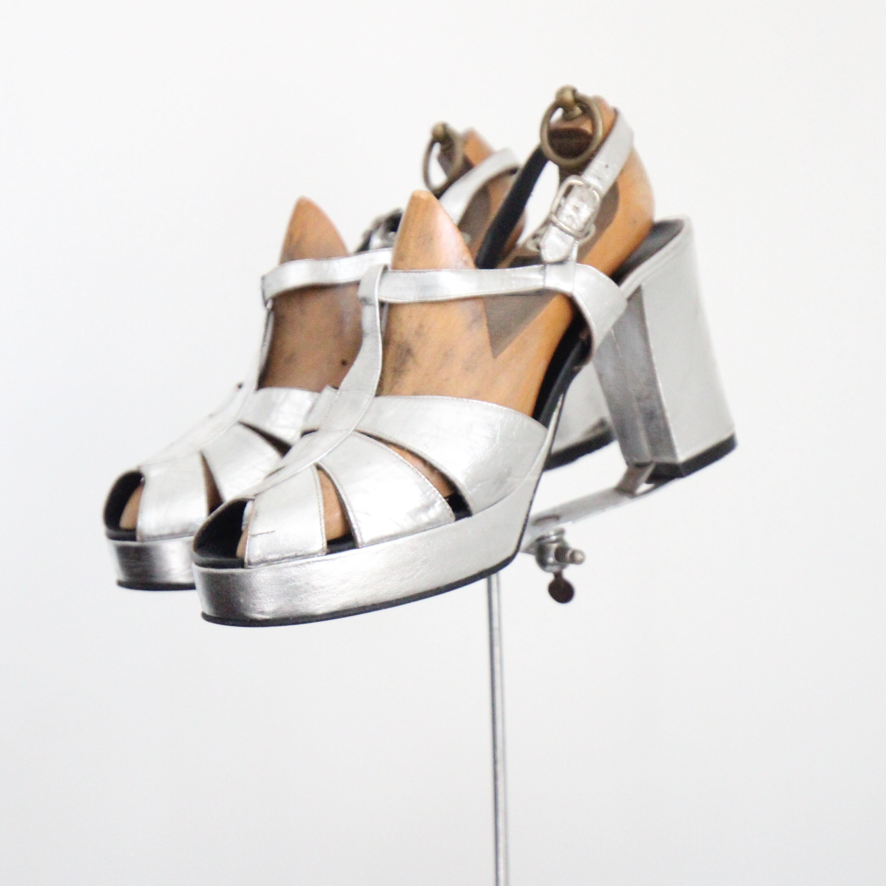 Vintage 1970's silver T Bar Platforms Heels Seventies Platforms UK 6.5 US 8.5 For Sale 2