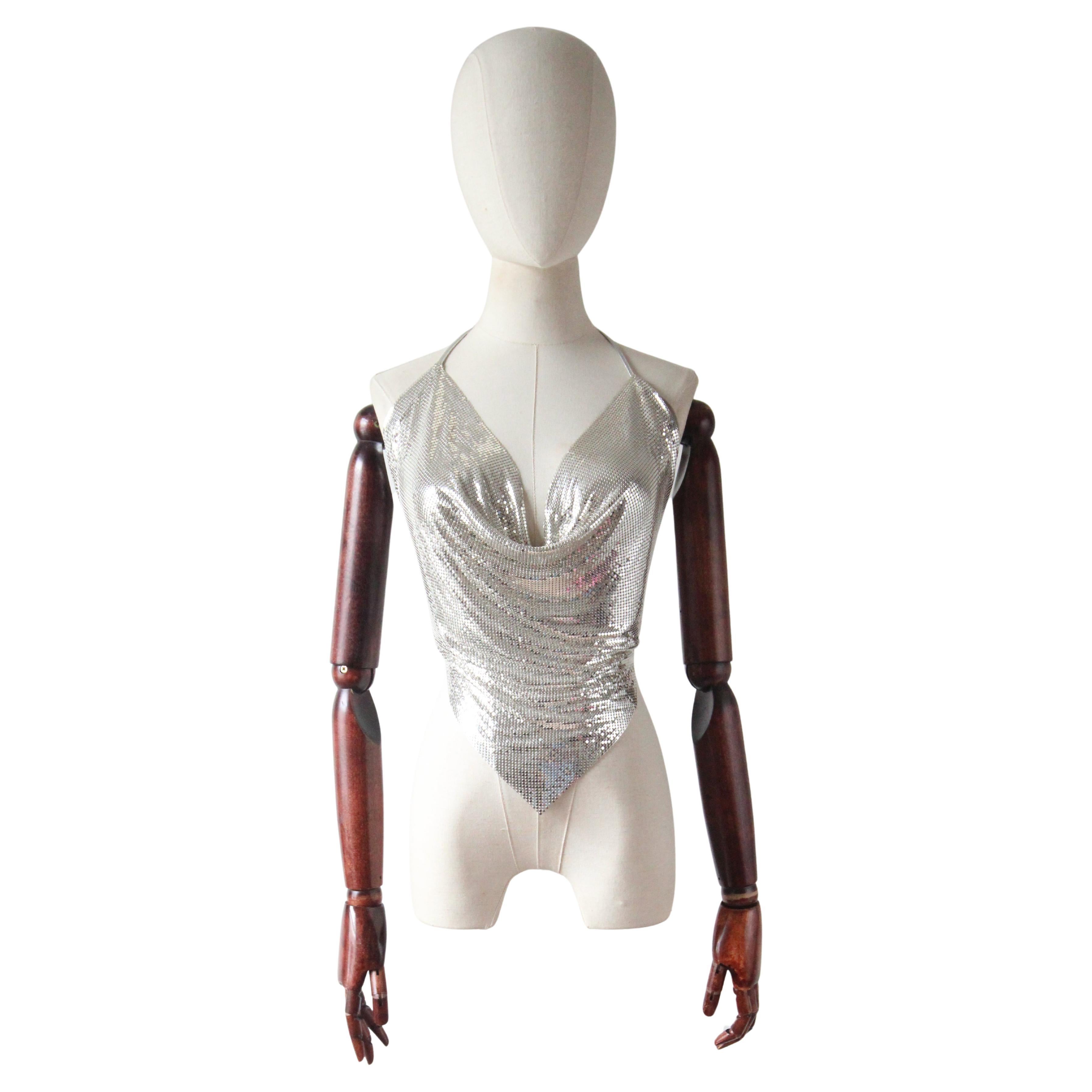 Vintage 1970
s silver Whiting 
Davis silver mesh halter neck blouse UK 6-10