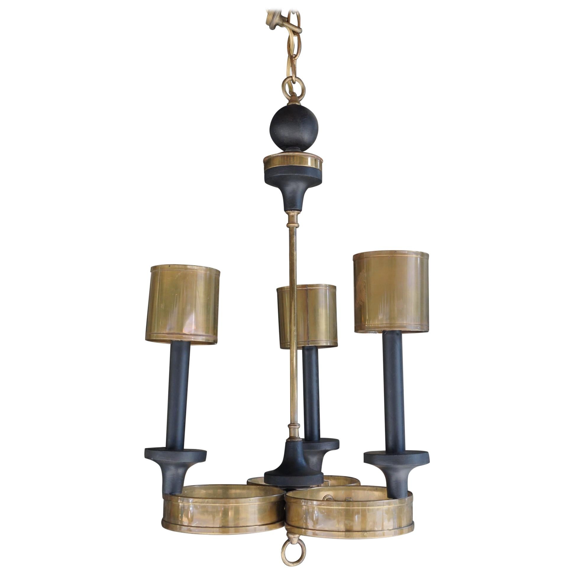 Vintage 1970s Small Brass and Turned Wood Chandelier