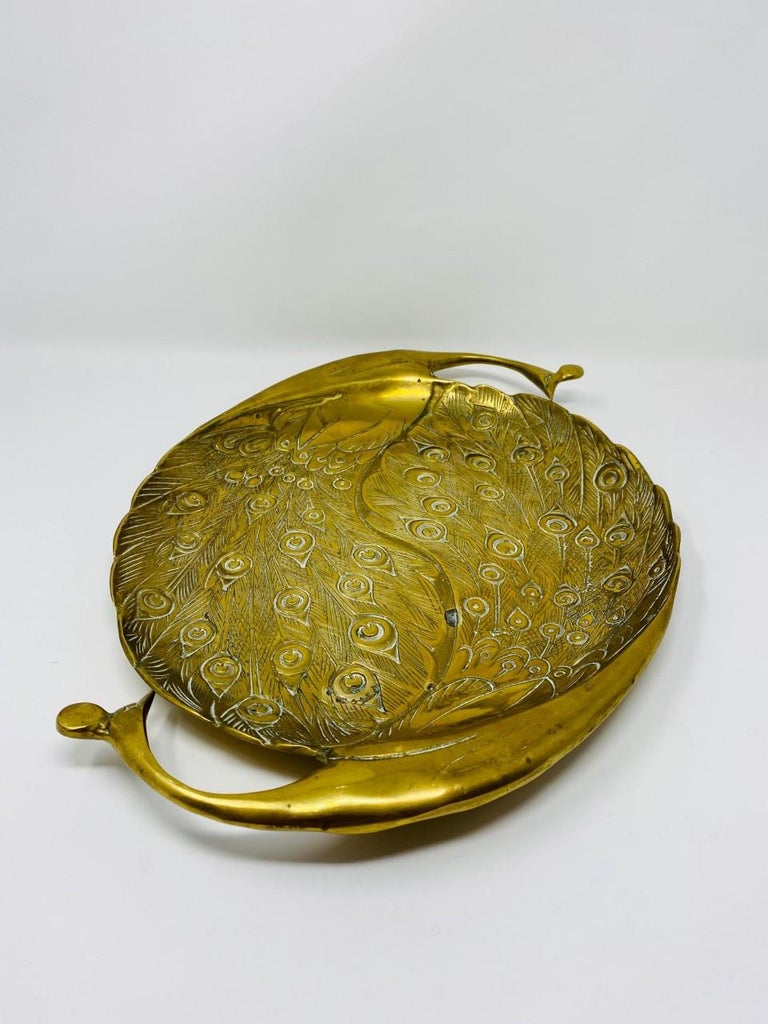 Indian Vintage 1970s Solid Brass Double Peacock Tray For Sale