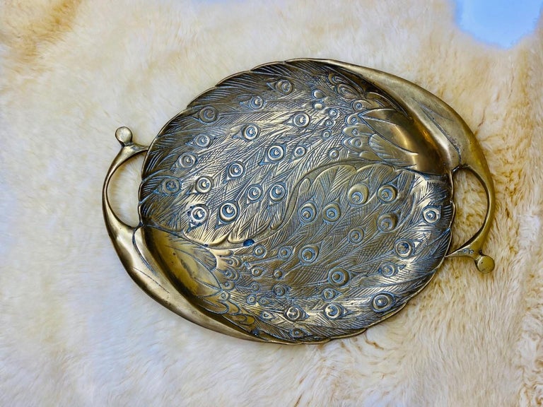 Late 20th Century Vintage 1970s Solid Brass Double Peacock Tray For Sale