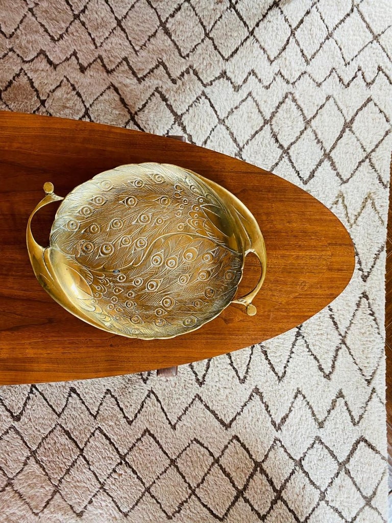 Vintage 1970s Solid Brass Double Peacock Tray For Sale 1