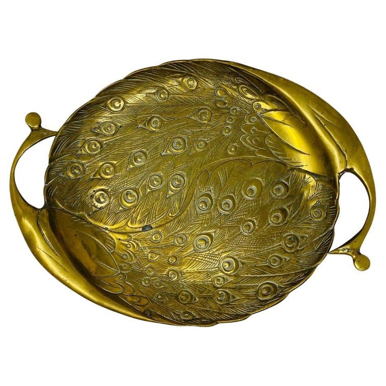 Vintage 1970s Solid Brass Double Peacock Tray For Sale
