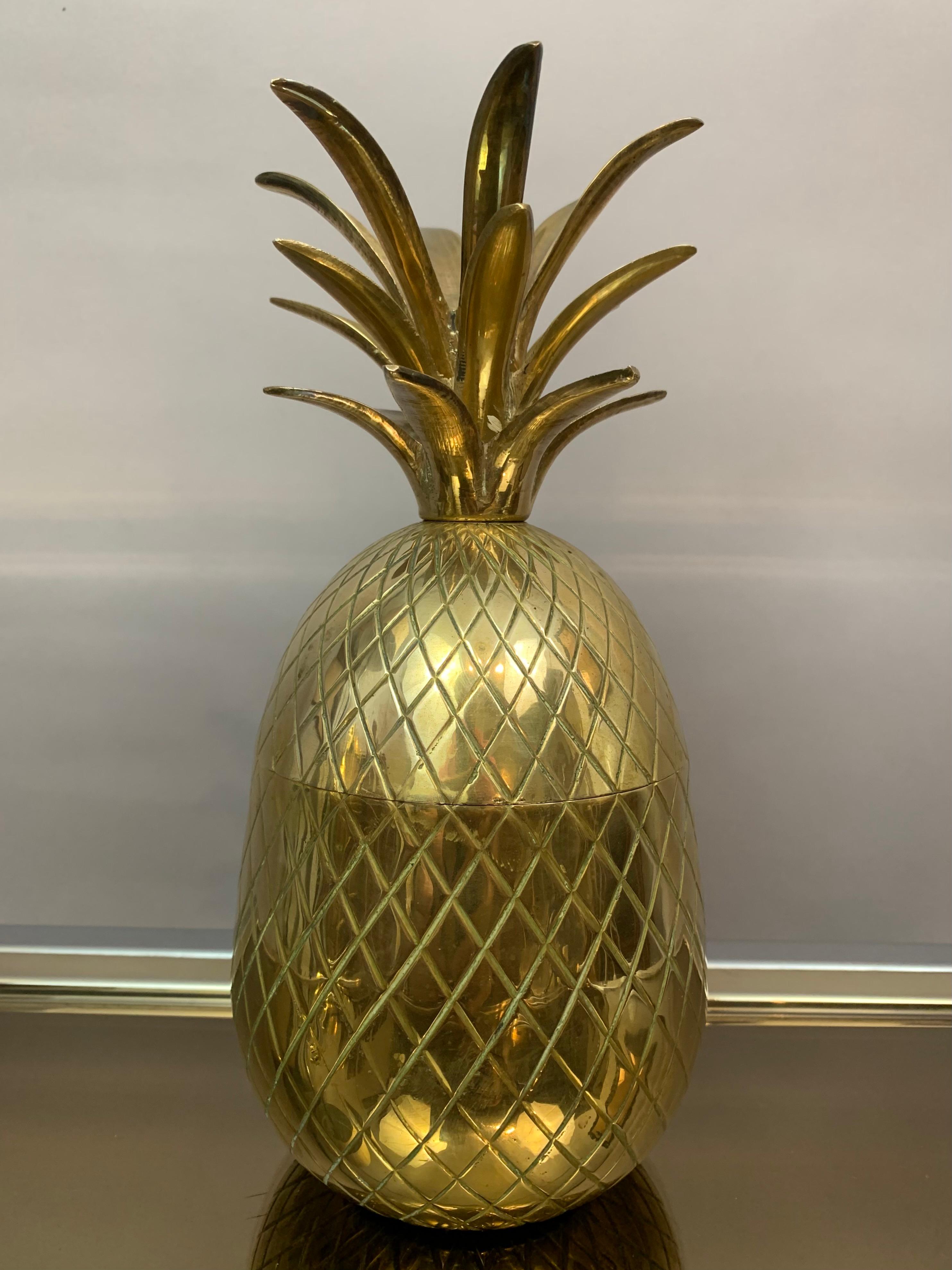 Polished Vintage 1970s Solid Brass Hollywood Regency Pineapple Ice Bucket Container