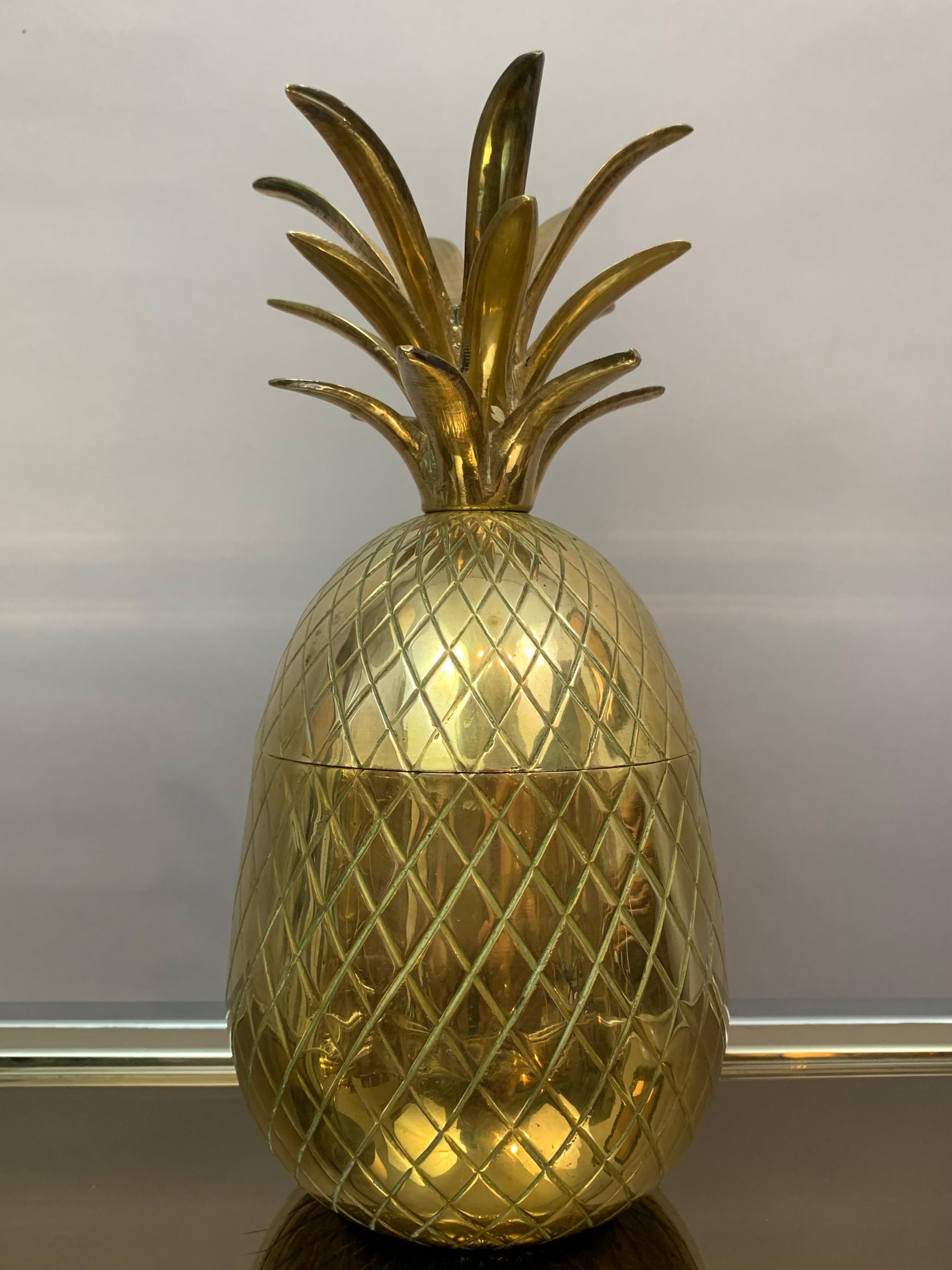 20th Century Vintage 1970s Solid Brass Hollywood Regency Pineapple Ice Bucket Container
