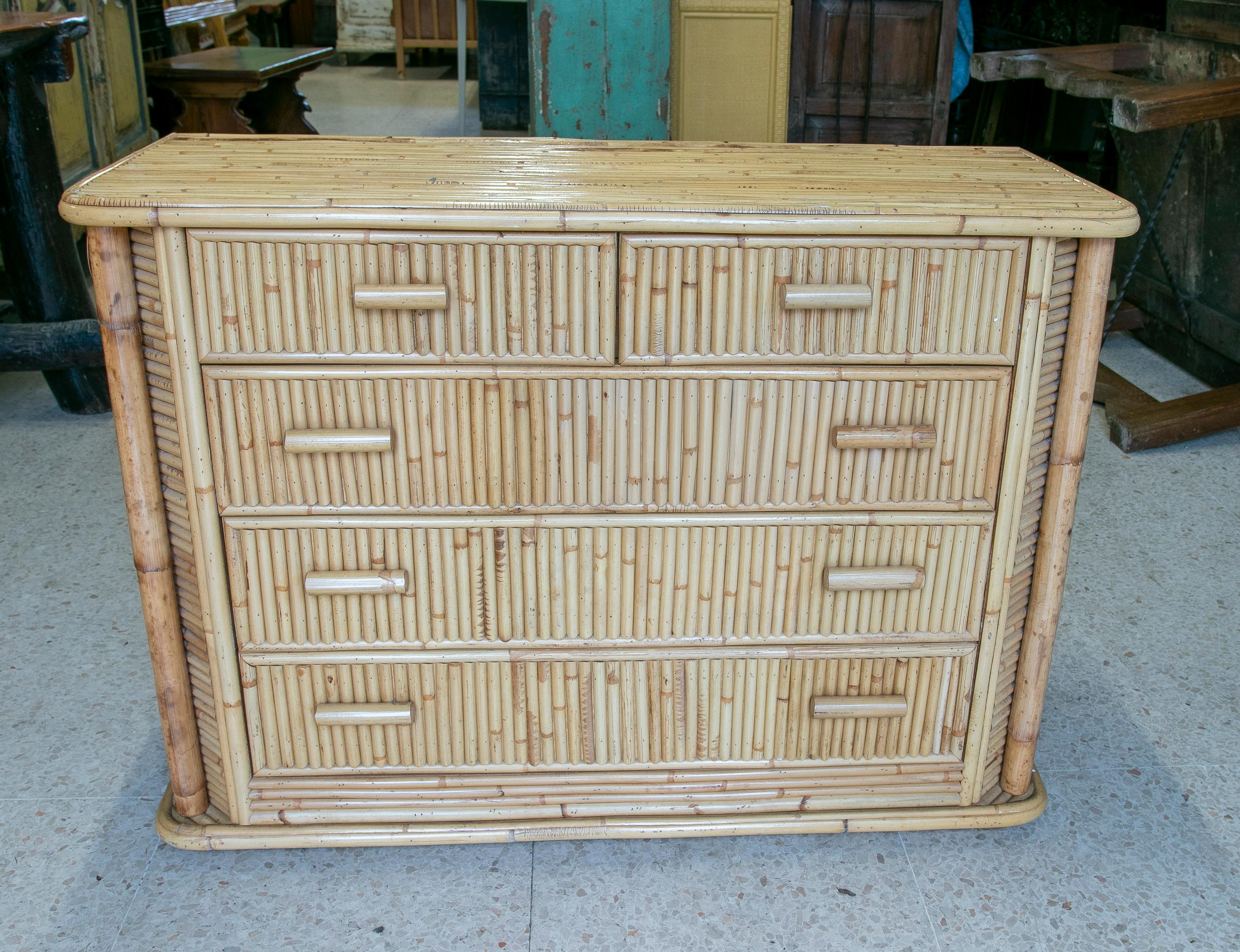 Vintage 1970s Spanish 5-drawer bamboo lined wooden chest.