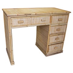 Vintage 1970s Spanish 5-Drawer Bamboo Lined Wooden Writing Desk Cabinet Bureau