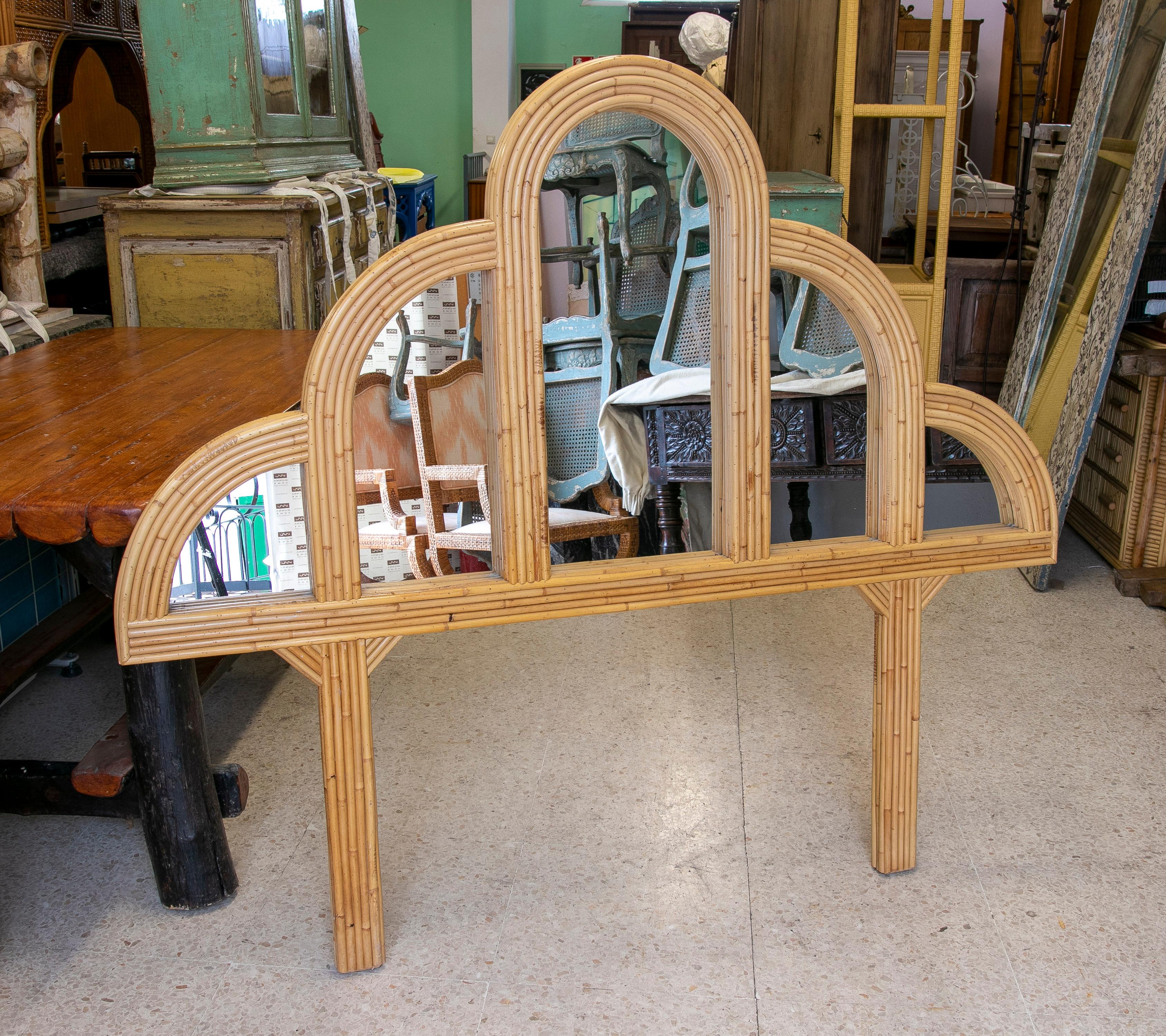 Vintage 1970s Spanish Panelled Mirror & Bamboo Lined  Wooden Bed Headboard For Sale 8