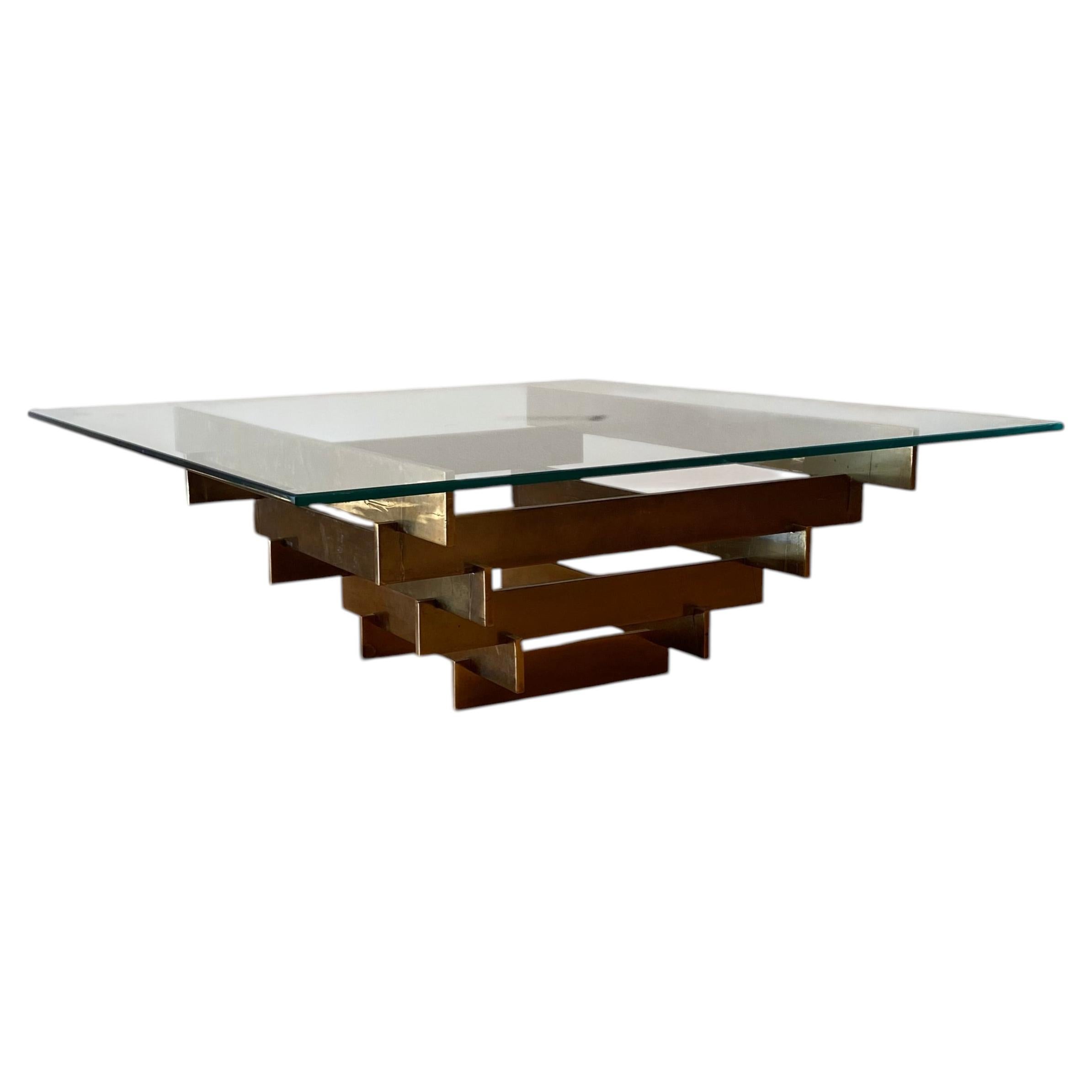 Vintage 1970s Square Coffee Table in Brass and Glass, David Hicks Style, UK #2