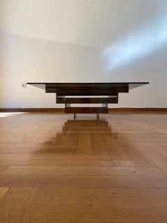 Vintage 1970s Square Coffee Table in Brass and Smoked Glass, David Hicks Style