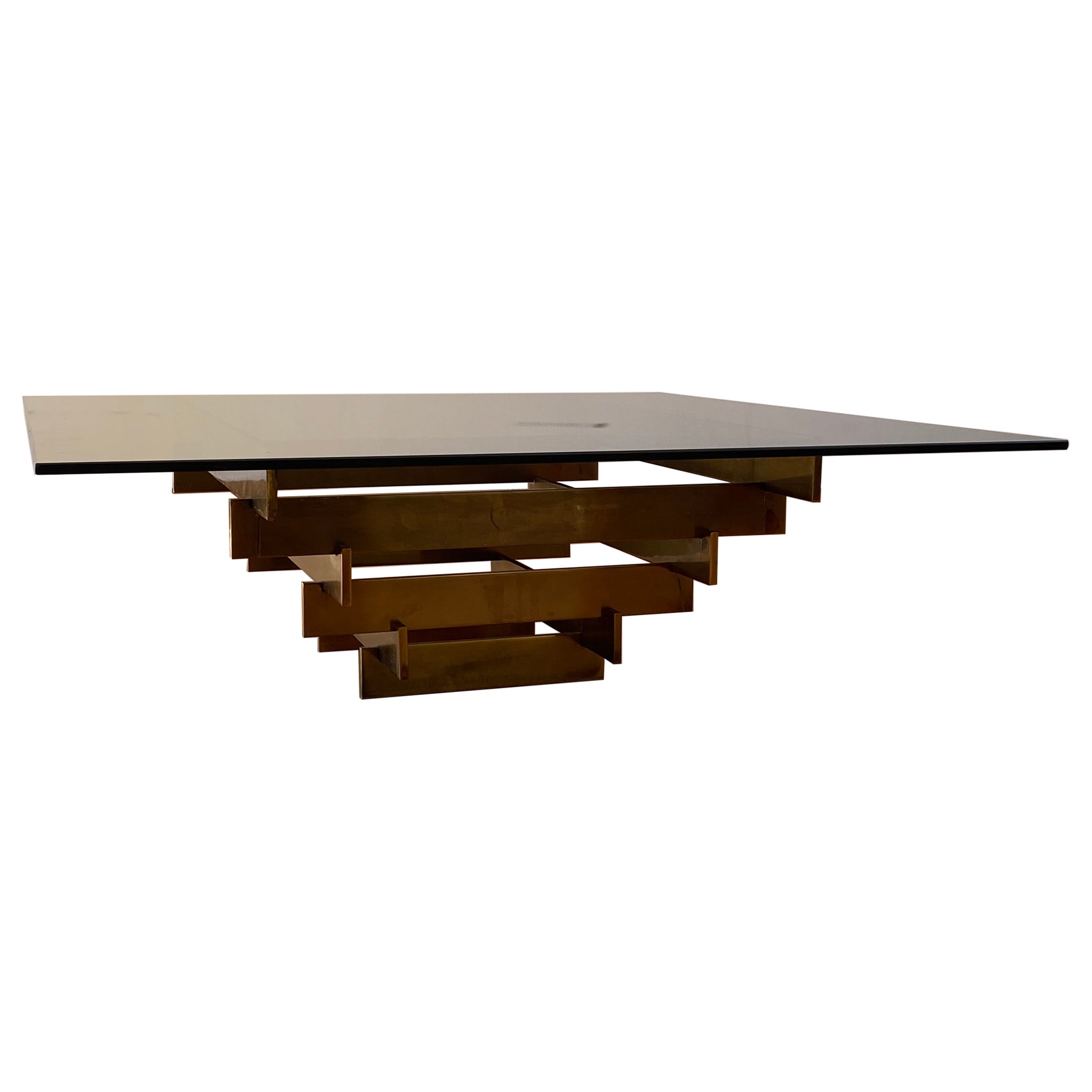 Vintage 1970s Square Coffee Table in Brass and Smoked Glass, David Hicks Style