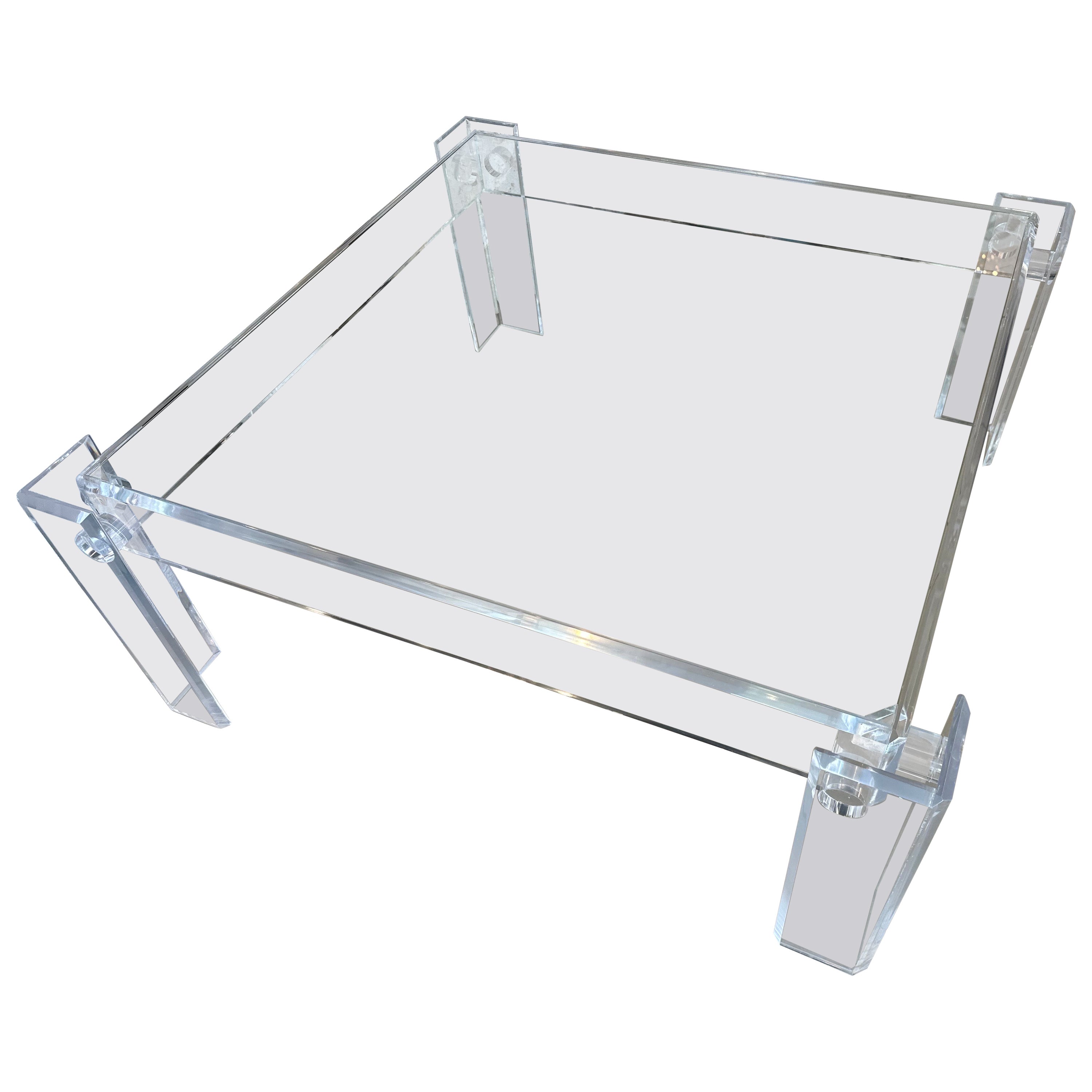 Vintage 1970s Square Lucite Peg Coffee Cocktail Table Inset Glass Top