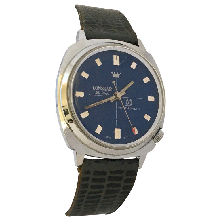 Vintage 1970s Stainless Steel Blue Dial Swiss Mechanical Gents Watch For Sale at 1stDibs