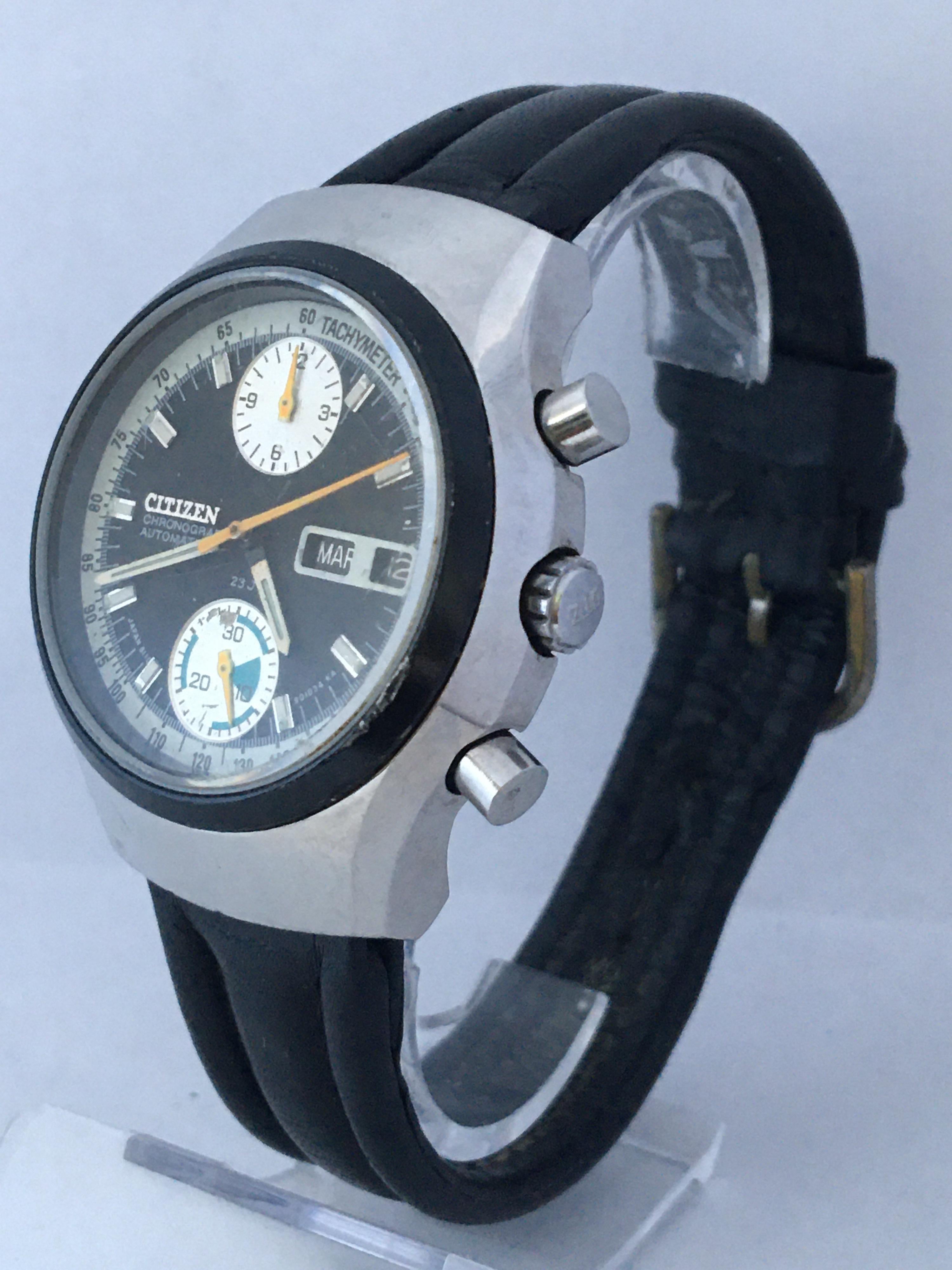 This charming pre-own vintage automatic watch is working and it is running well.  Visible signs of ageing and wear with light scratches on the glass and on the watch case as shown. The black strap is a bit worn but wearable. 

Please study the