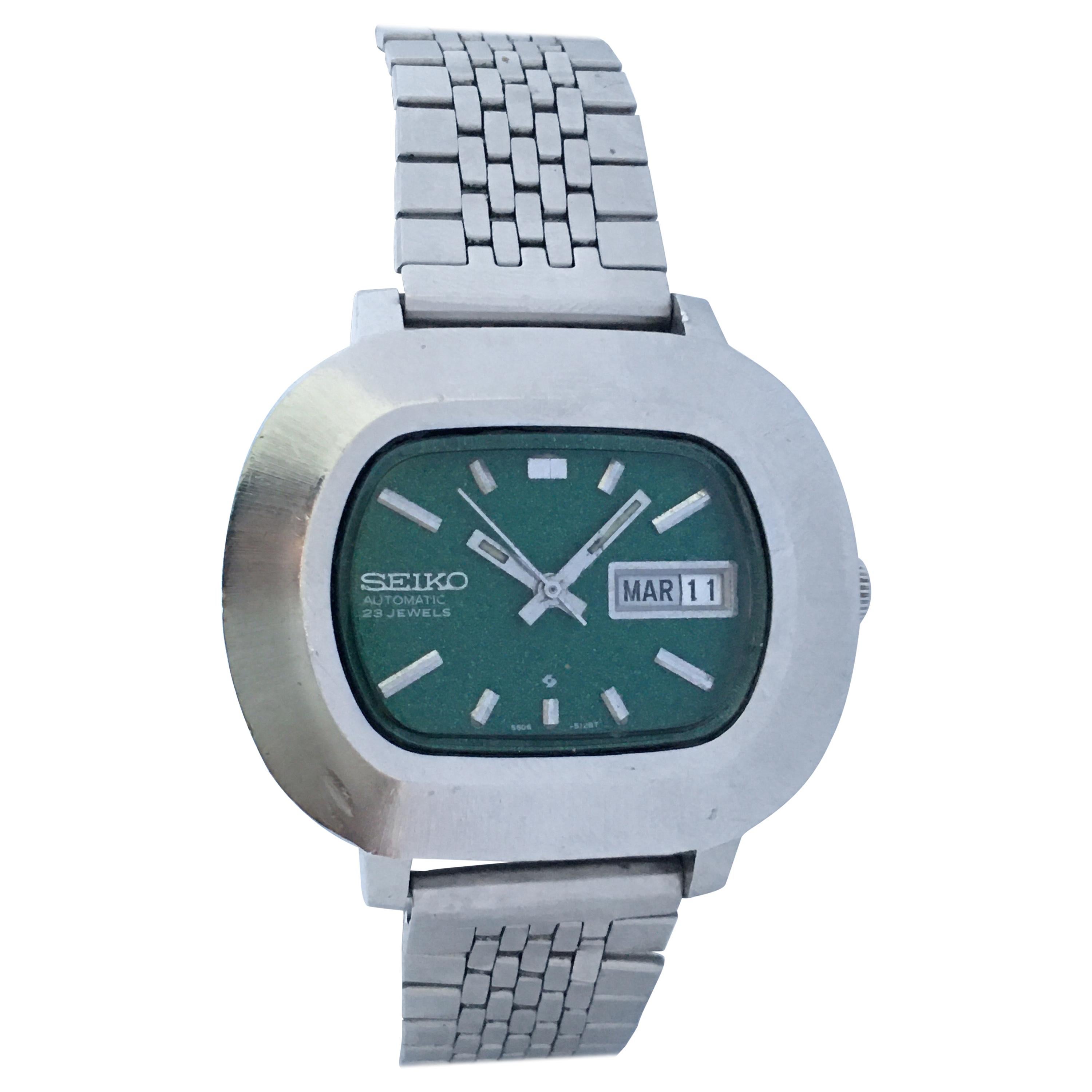 Vintage 1970s Stainless Steel Green Dial Seiko Automatic Watch at 1stDibs