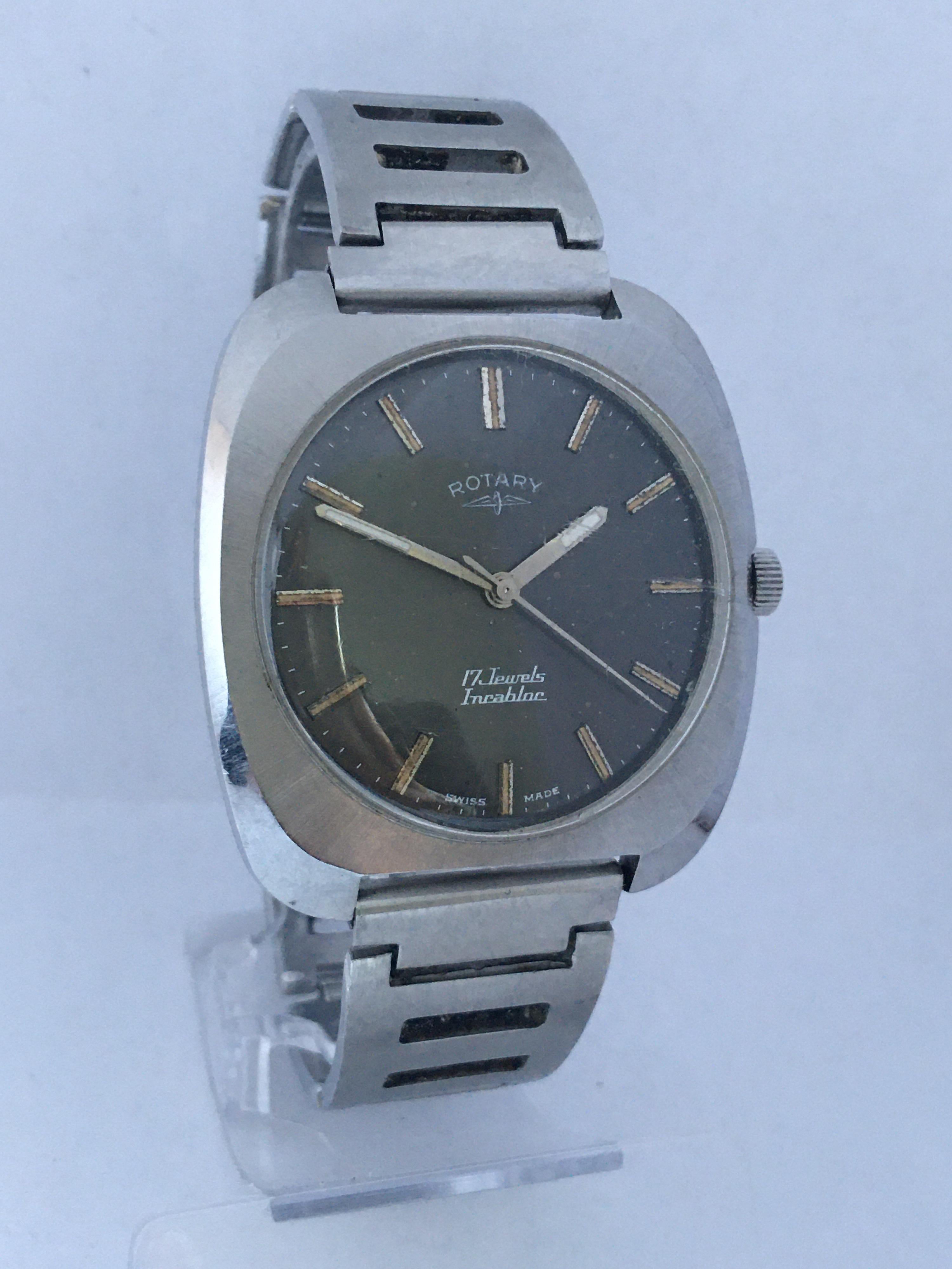 Vintage 1970s Stainless Steel Mechanical Cushion Shape Rotary Watch For Sale 10
