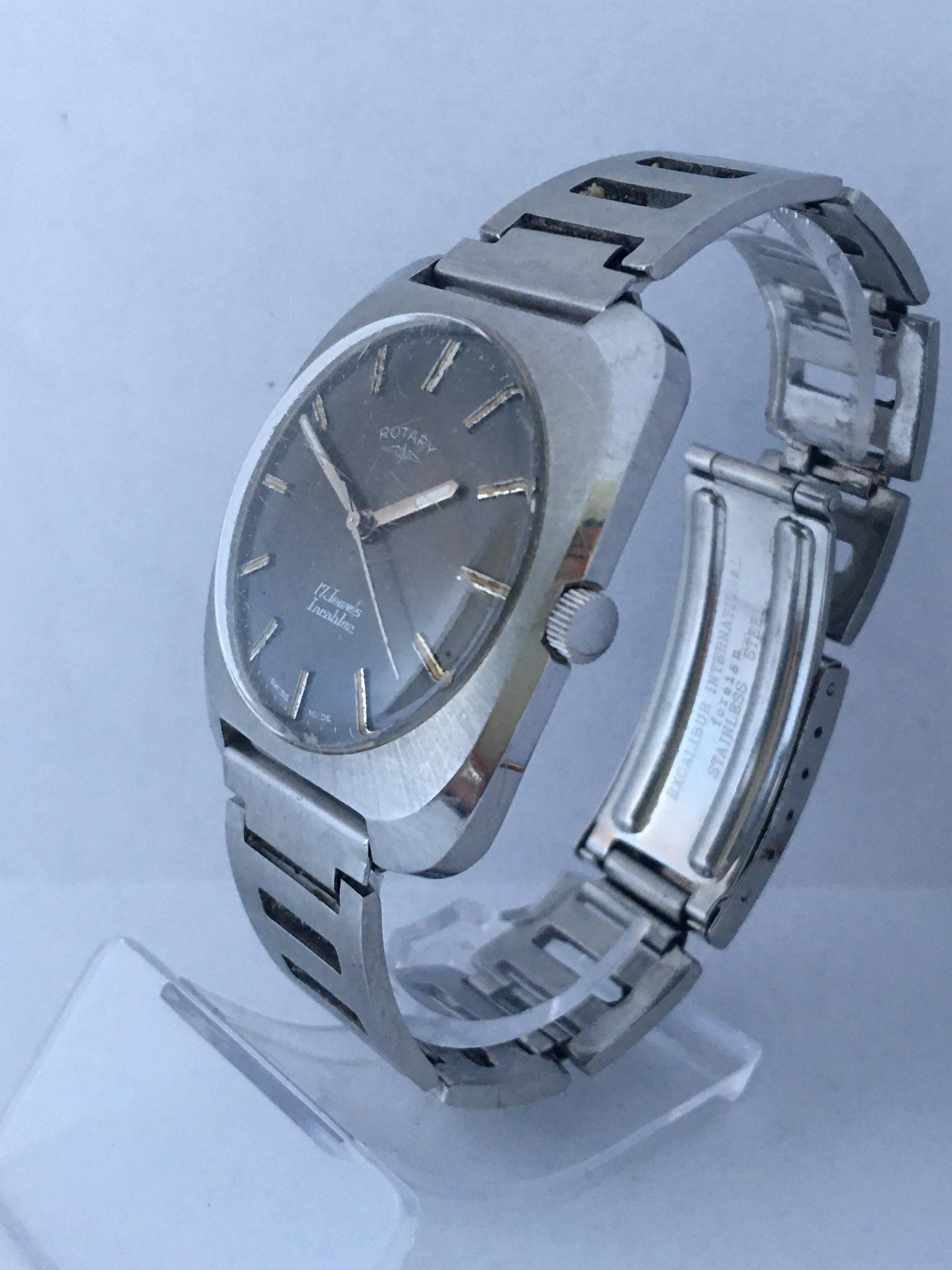 Vintage 1970s Stainless Steel Mechanical Swiss Rotary Watch For Sale 9