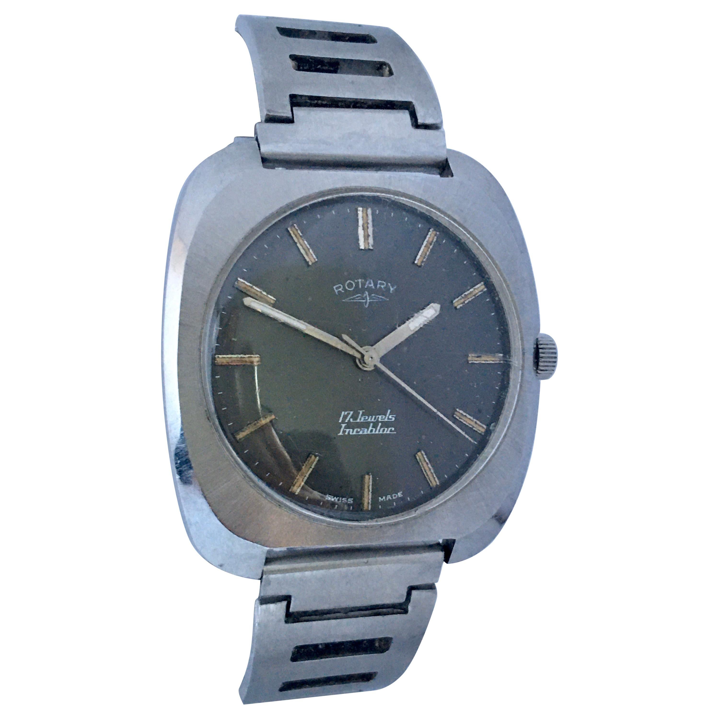 Vintage 1970s Stainless Steel Mechanical Swiss Rotary Watch For Sale