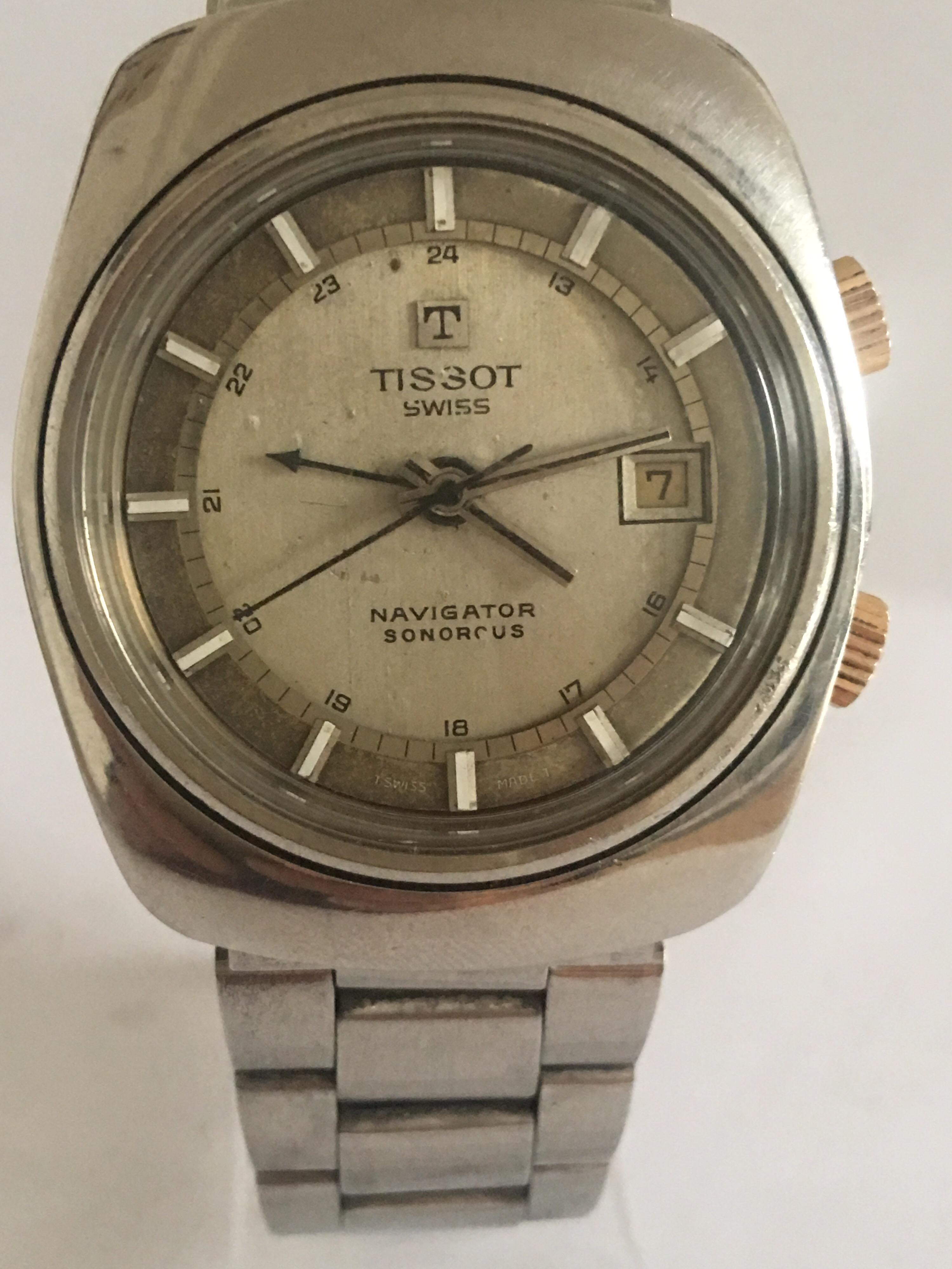 Vintage 1970s Stainless Steel Tissot Navigator Sonorous Alarm Wristwatch  For Sale 6
