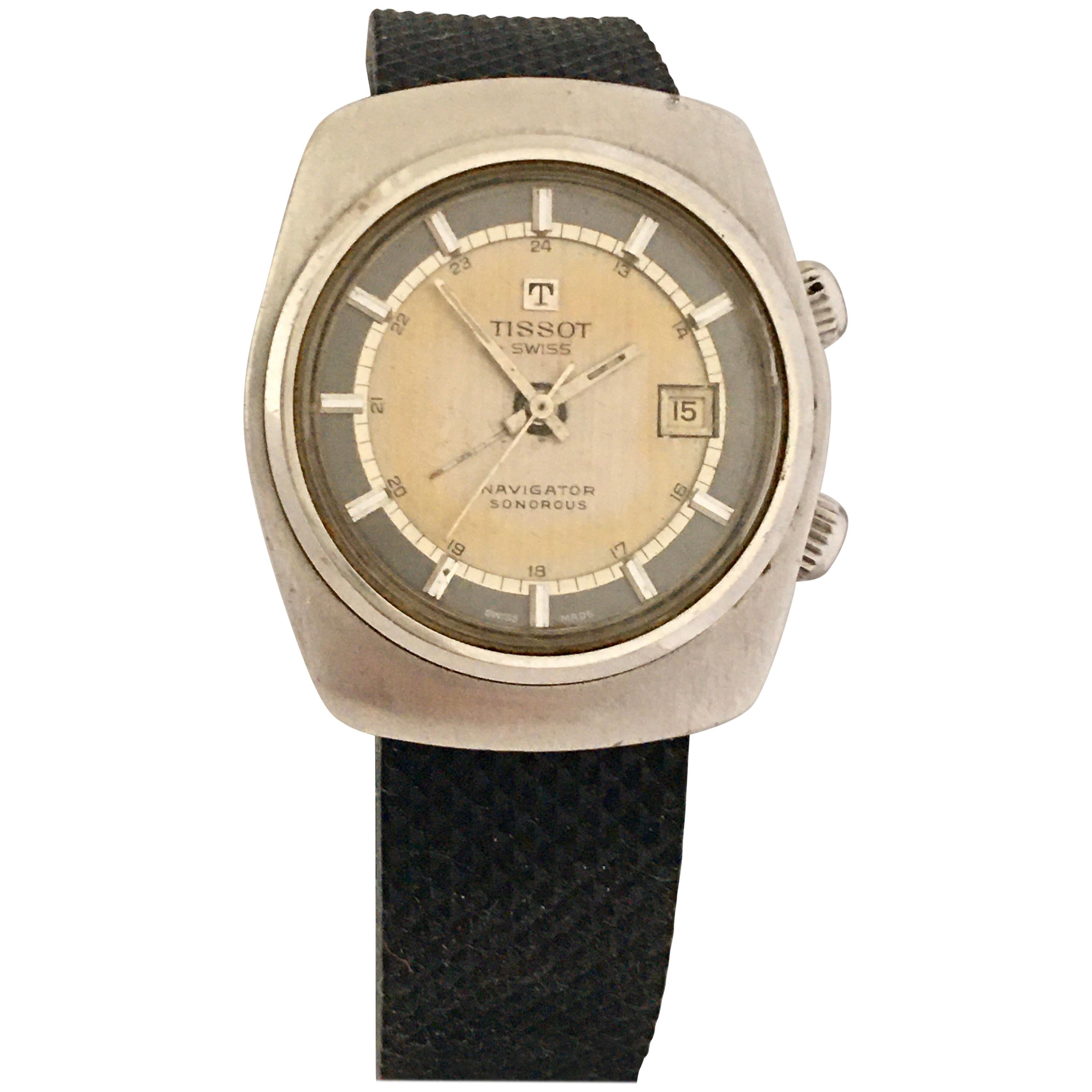Vintage 1970s Stainless Steel Tissot Swiss Navigator Sonorous Alarm Watch