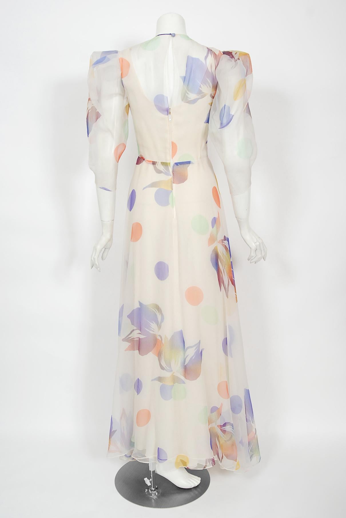 Vintage 1970's Stavropoulos Couture Colorful Floral Print Silk Puff-Sleeve Gown For Sale 5